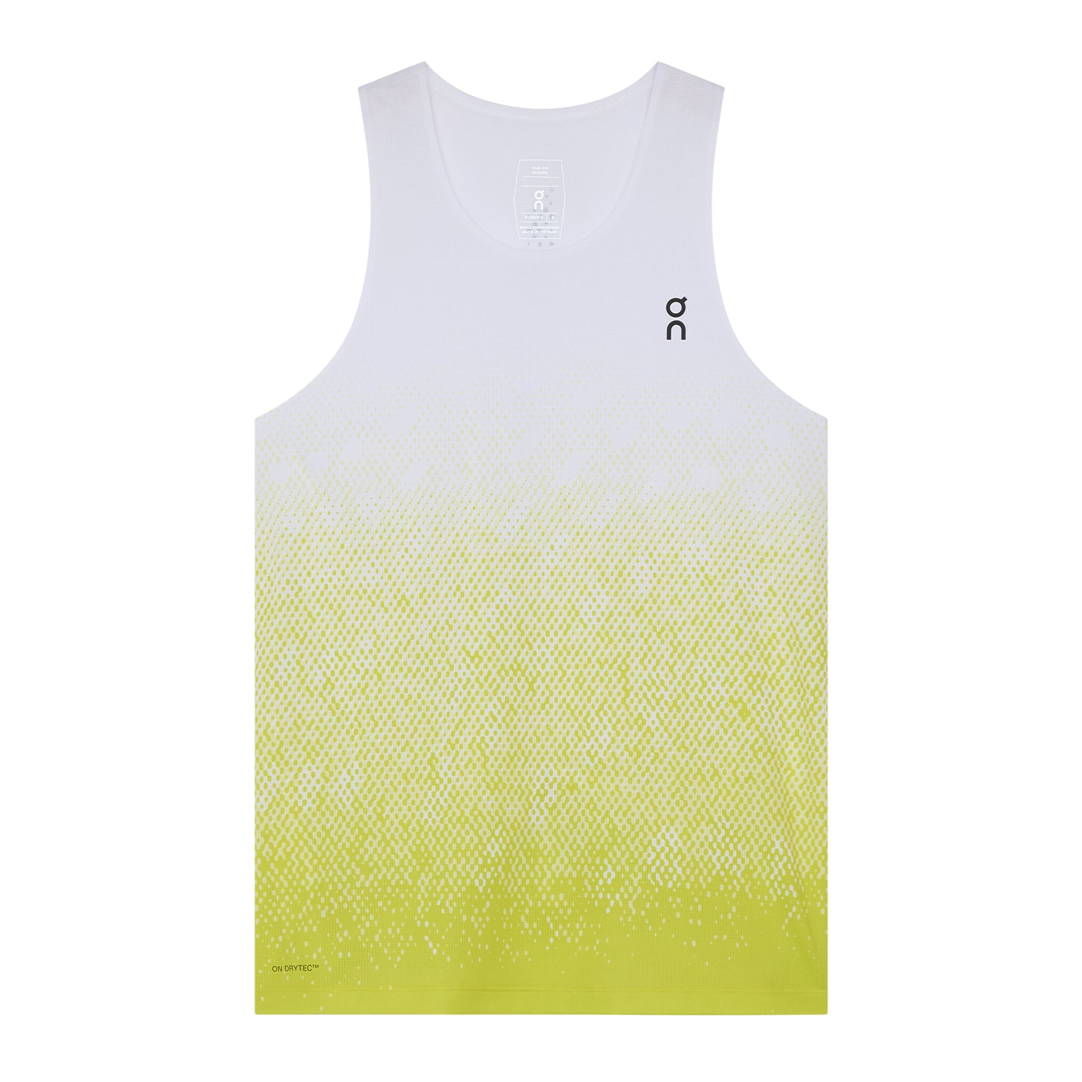Women's On Zero Singlet White Yellow product view showing ultra-lightweight construction with On DryTec moisture-wicking fabric and athletic racer-back styling