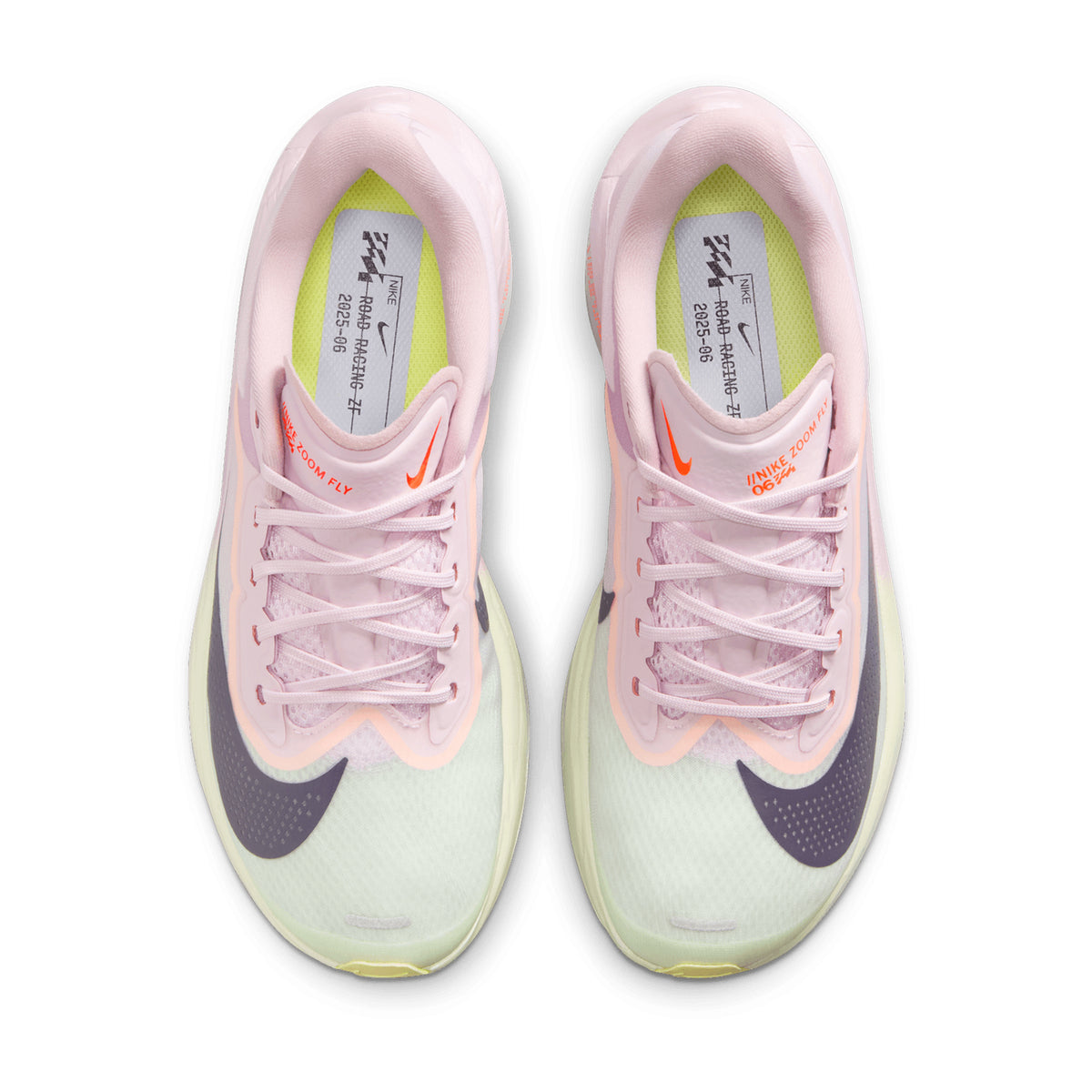 Nike Zoom Fly 6 women's running shoe in Bleached Lilac / Purple Dynasty / Volt Tint — top-down view showing bleached lilac engineered mesh upper construction, lace closure and purple dynasty and volt tint accent detailing