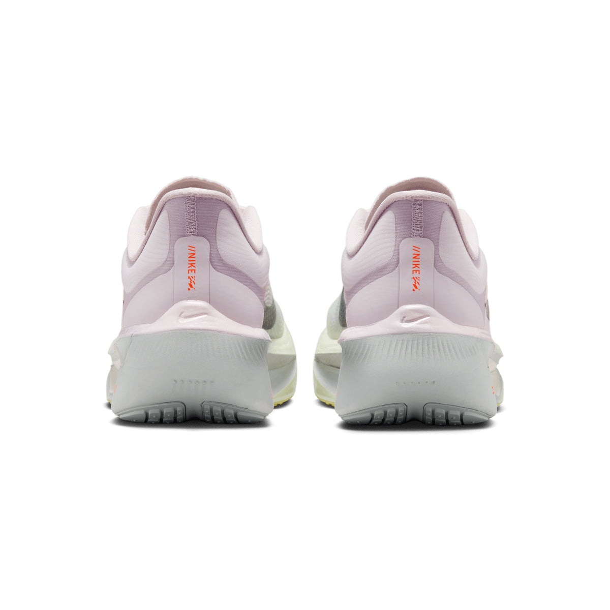 Nike Zoom Fly 6 women's running shoe in Bleached Lilac / Purple Dynasty / Volt Tint — heel view showing structured support construction, volt tint heel detailing and purple dynasty Zoom foam midsole contrast