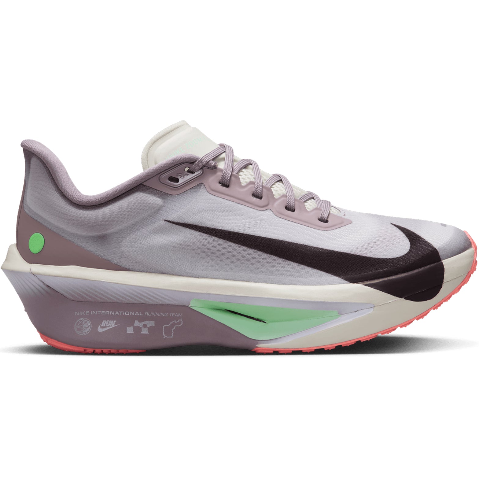 Women's Nike Zoom Fly 6 Running Shoes Light Violet Ore Baroque Brown Sea Glass outer side view showing ReactX foam with full-length carbon fibre plate for tempo running and racing