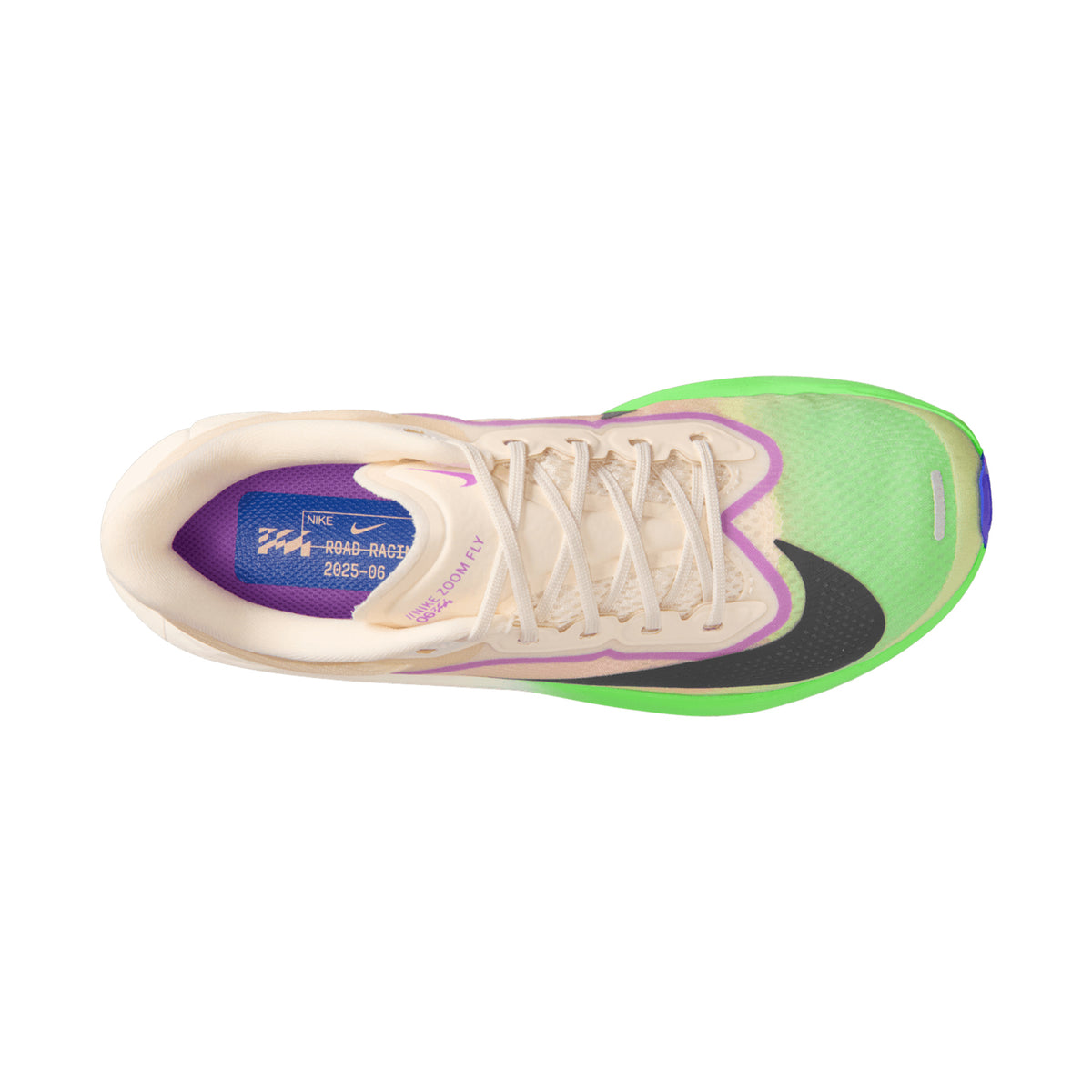 Top-down view of a light-colored Women’s Zoom Fly 6 Running Shoes RSG Chalk / Purple Dynasty-Fuchsia Dream with a neon green toe, a black side swoosh, and a purple-lined collar.