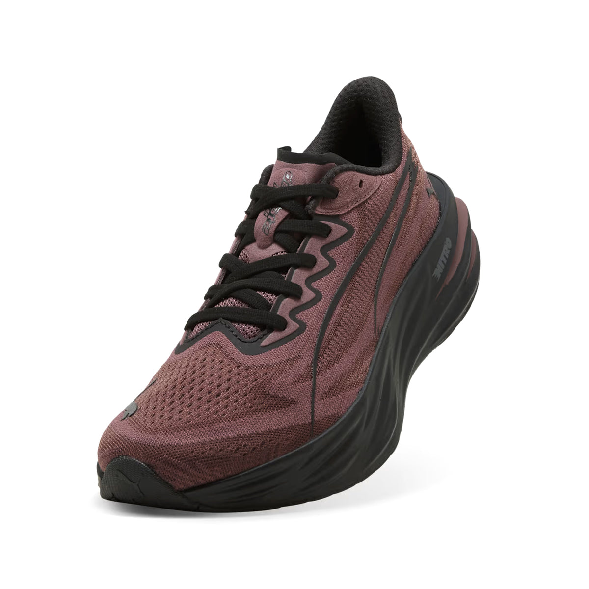 Women's Puma Deviate Pure NITRO Running Shoes Rich Cocoa Puma Black angled side view showing NITROFOAM nitrogen-injected cushioning with plateless flexible construction and recycled upper for lightweight daily training and speed runs