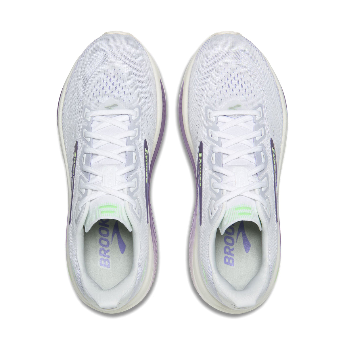 Brooks Ghost 18 women's running shoe in White / Purple Hebe / Green — top-down view showing white two-colour engineered mesh upper construction, soft flat-knit tongue and lace closure with green detailing