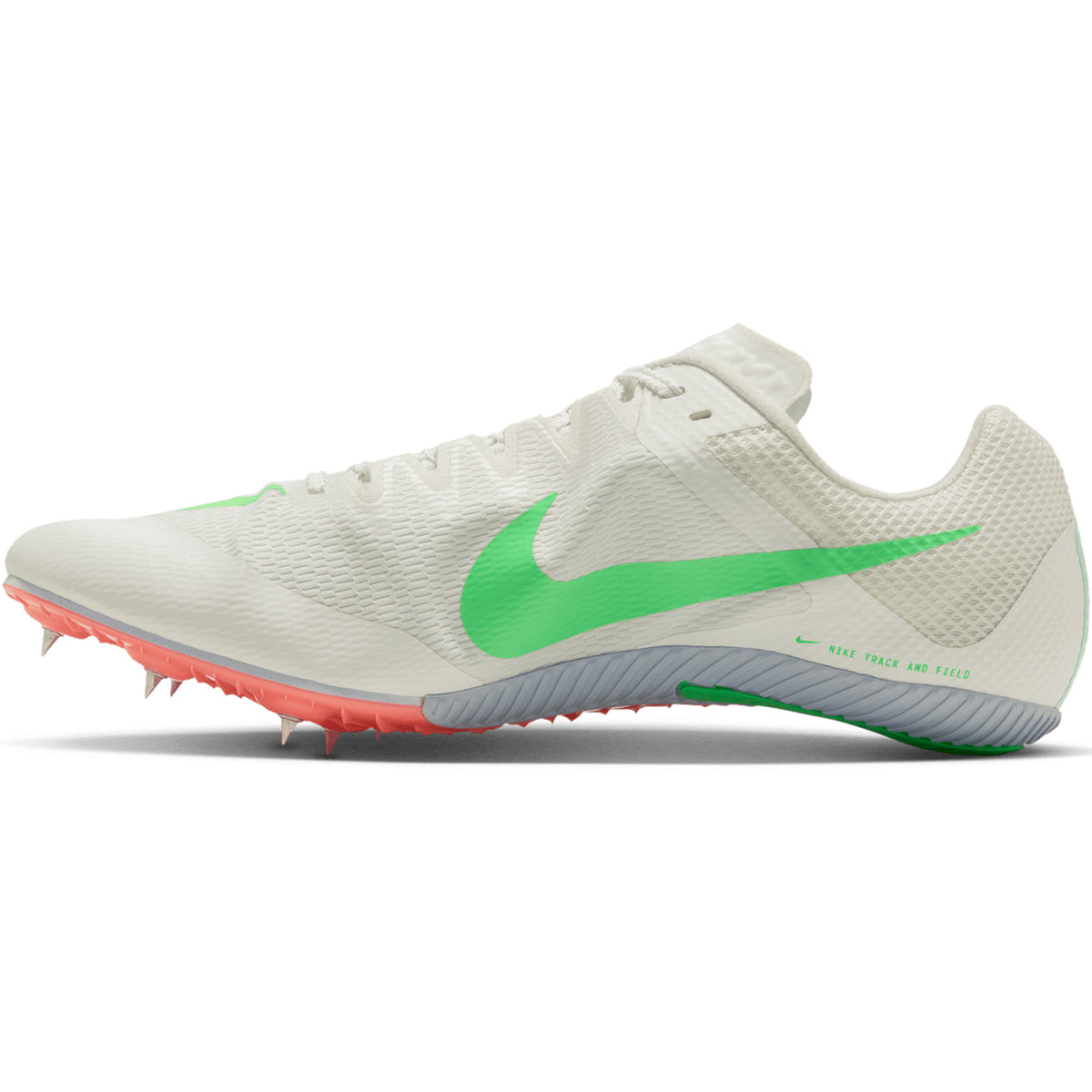 A Nike Zoom Rival Sprint Running Spike in Summit White with an Electro Green swoosh and Atomic Pink spikes, shown in side profile, engineered for unmatched track speed.