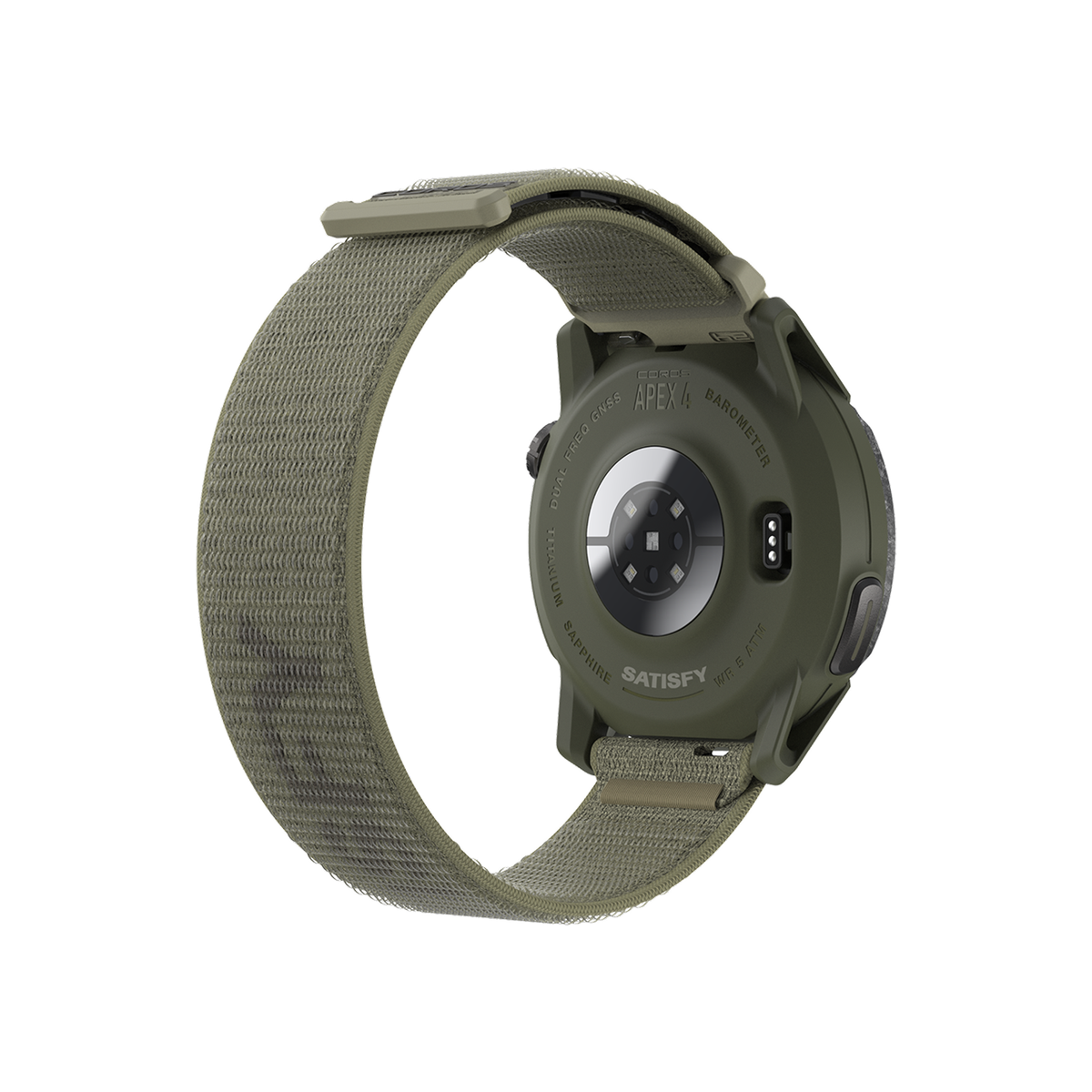 A Burnt Olive x Satisfy Apex 4 GPS Sport Watch with a fabric strap, shown from the back. The sensors and charging contacts on the underside are visible, along with the word SATISFY.