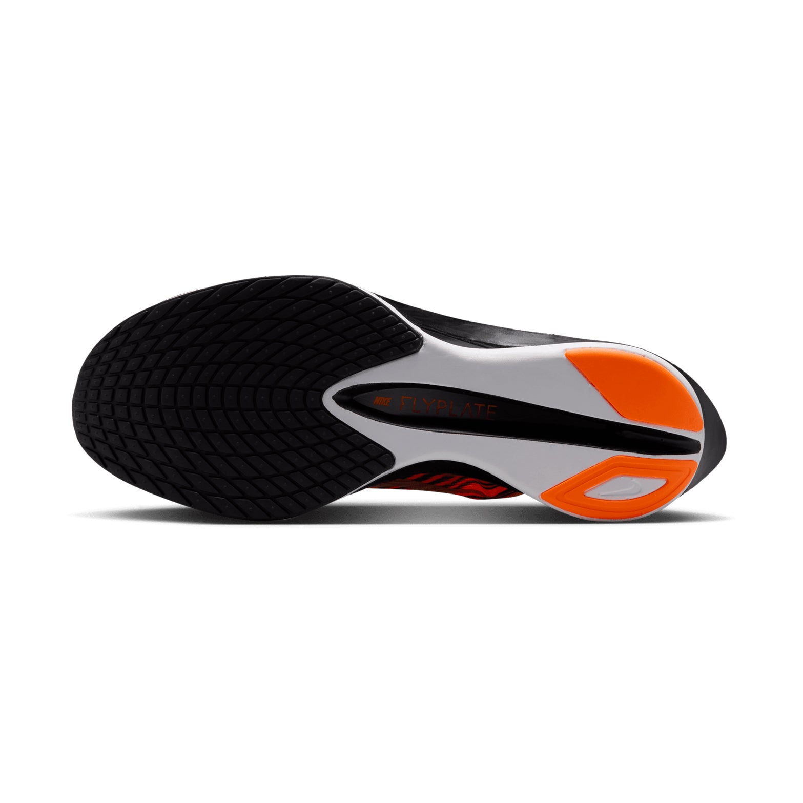 Men's Nike x DISTANCE Vaporfly 4 Running Shoes Total Orange Black White Metallic Silver sole view displaying thinner rubber outsole with carbon Flyplate and DISTANCE collaboration design for lightweight propulsive race day traction