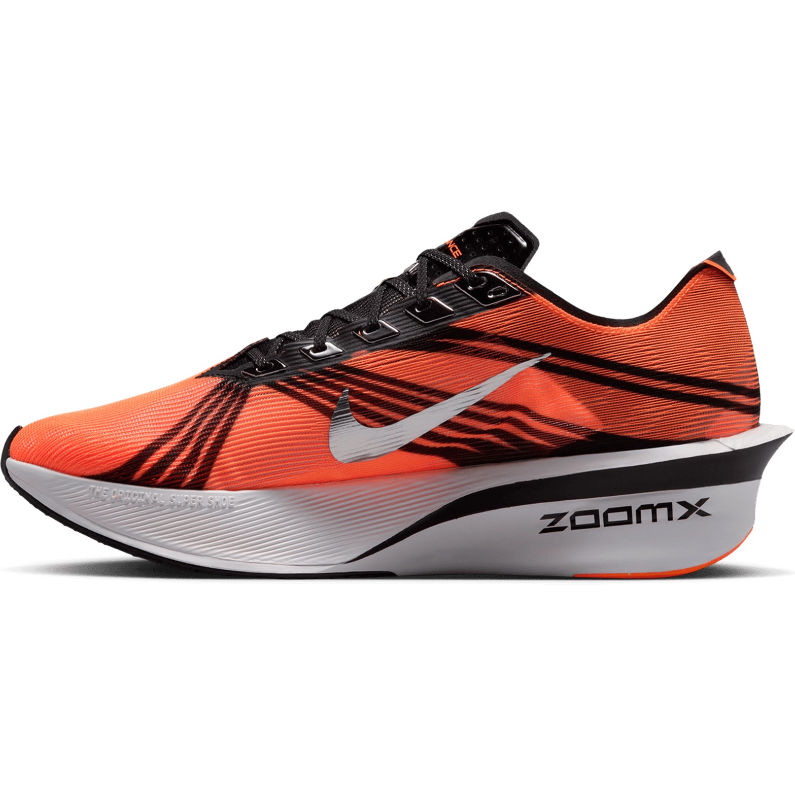 Men's Nike x DISTANCE Vaporfly 4 Running Shoes Total Orange Black White Metallic Silver inner side view showing optimised ZoomX foam with full-length carbon Flyplate and reduced heel-to-toe drop for propulsive race day performance