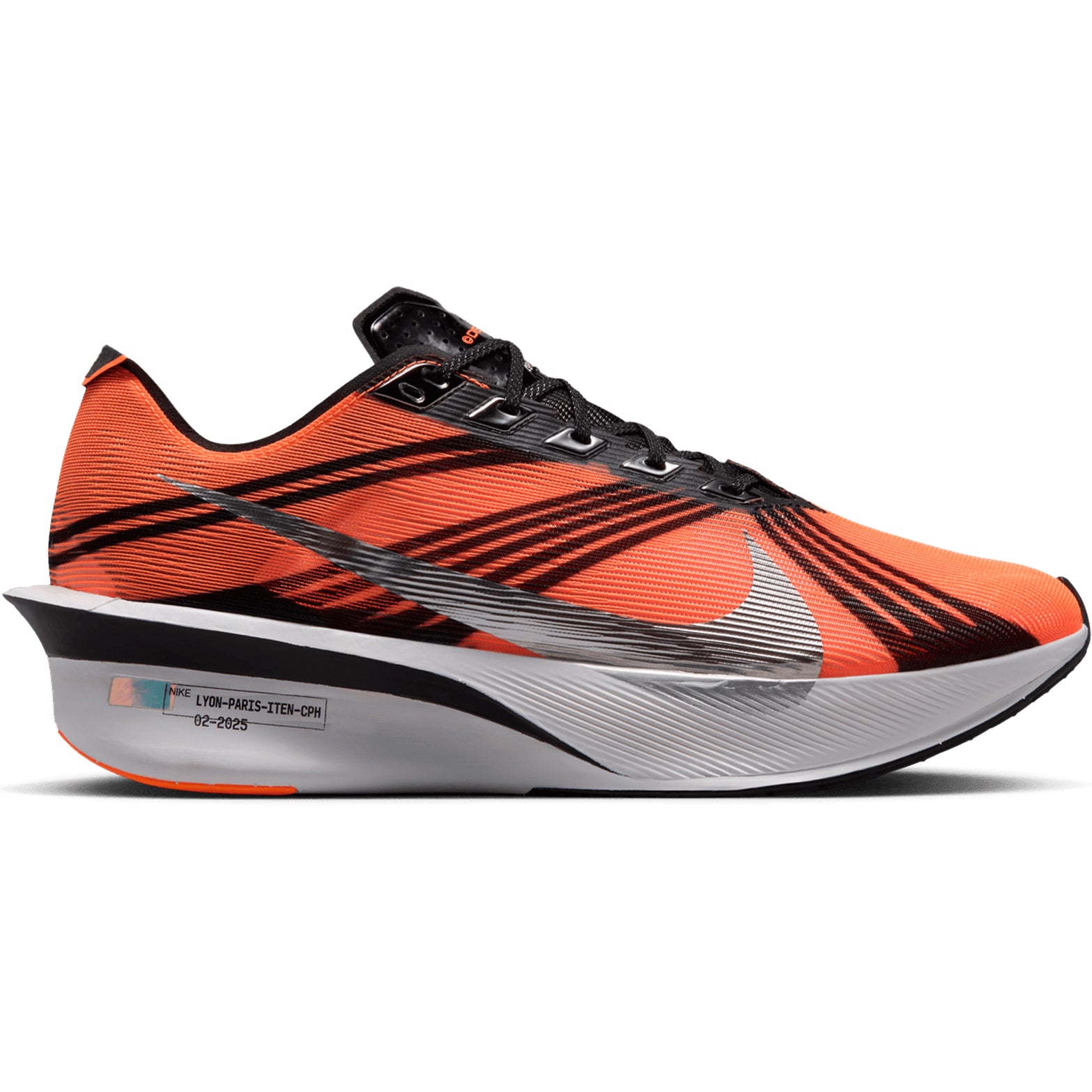 Men's Nike x DISTANCE Vaporfly 4 Running Shoes Total Orange Black White Metallic Silver outer side view showing full-length carbon fibre Flyplate with optimised ZoomX foam and DISTANCE collaboration design for elite racing performance