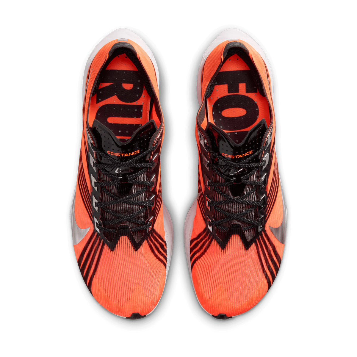 Men's Nike x DISTANCE Vaporfly 4 Running Shoes Total Orange Black White Metallic Silver top view showing lightweight engineered mesh upper with DISTANCE collaboration design and reduced heel and tongue dimensions for minimal weight race day construction