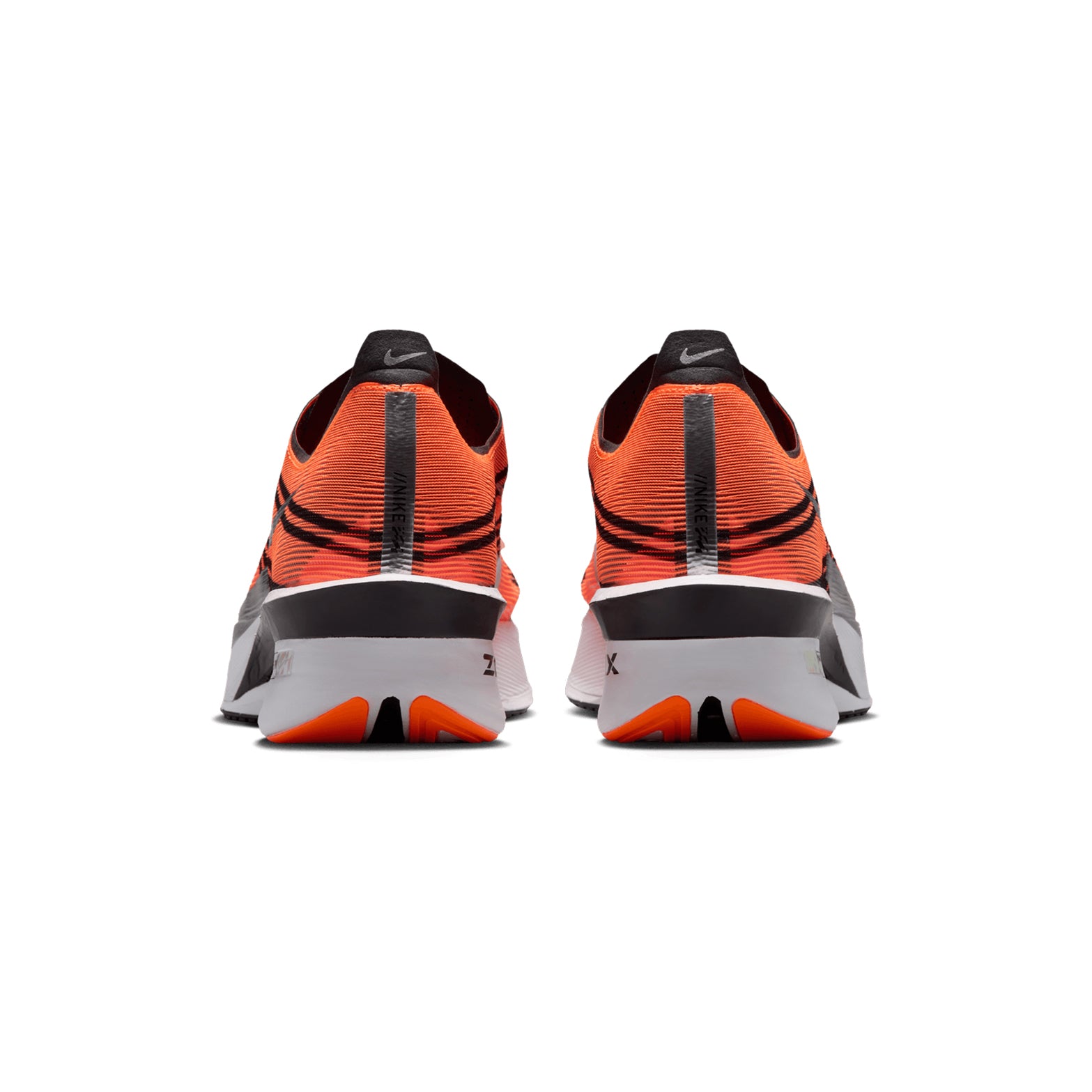 Men's Nike x DISTANCE Vaporfly 4 Running Shoes Total Orange Black White Metallic Silver heel view showing optimised ZoomX foam with strategic midsole geometry and DISTANCE collaboration construction for featherlight marathon racing