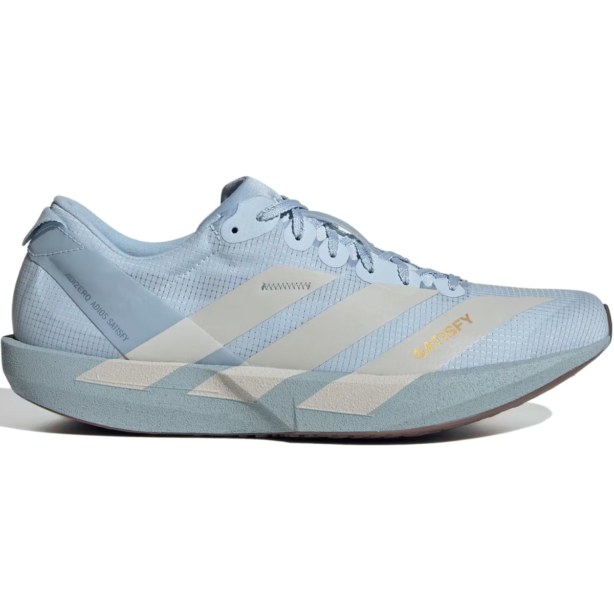 Wonder Blue / Pearl Met Adidas x Satisfy Men’s Adizero Adios Running Shoes, a light blue low-top running shoe with white side stripes, a thick, angular sole, and LightstrikePro cushioning.