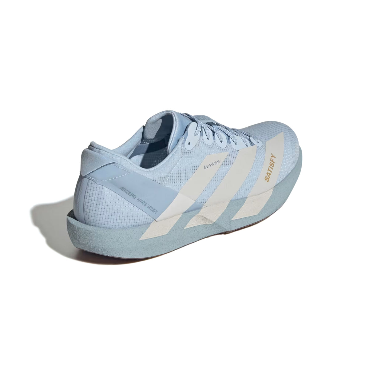 Light blue x Satisfy Men’s Adizero Adios Running Shoes Wonder Blue / Pearl Met with three side stripes, a thick midsole, and SATISFY text on the side.