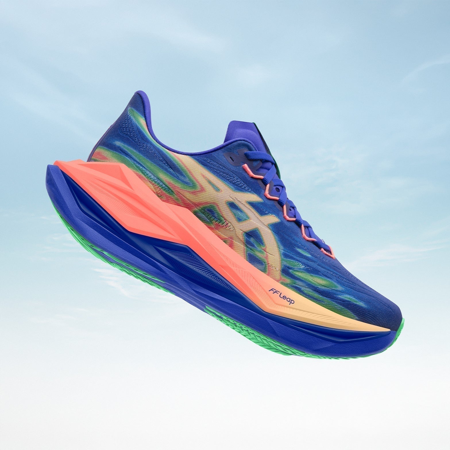 Asics Superblast 3 super trainer shoe outer side profile showing Cobalt Burst blue and Light Orange design