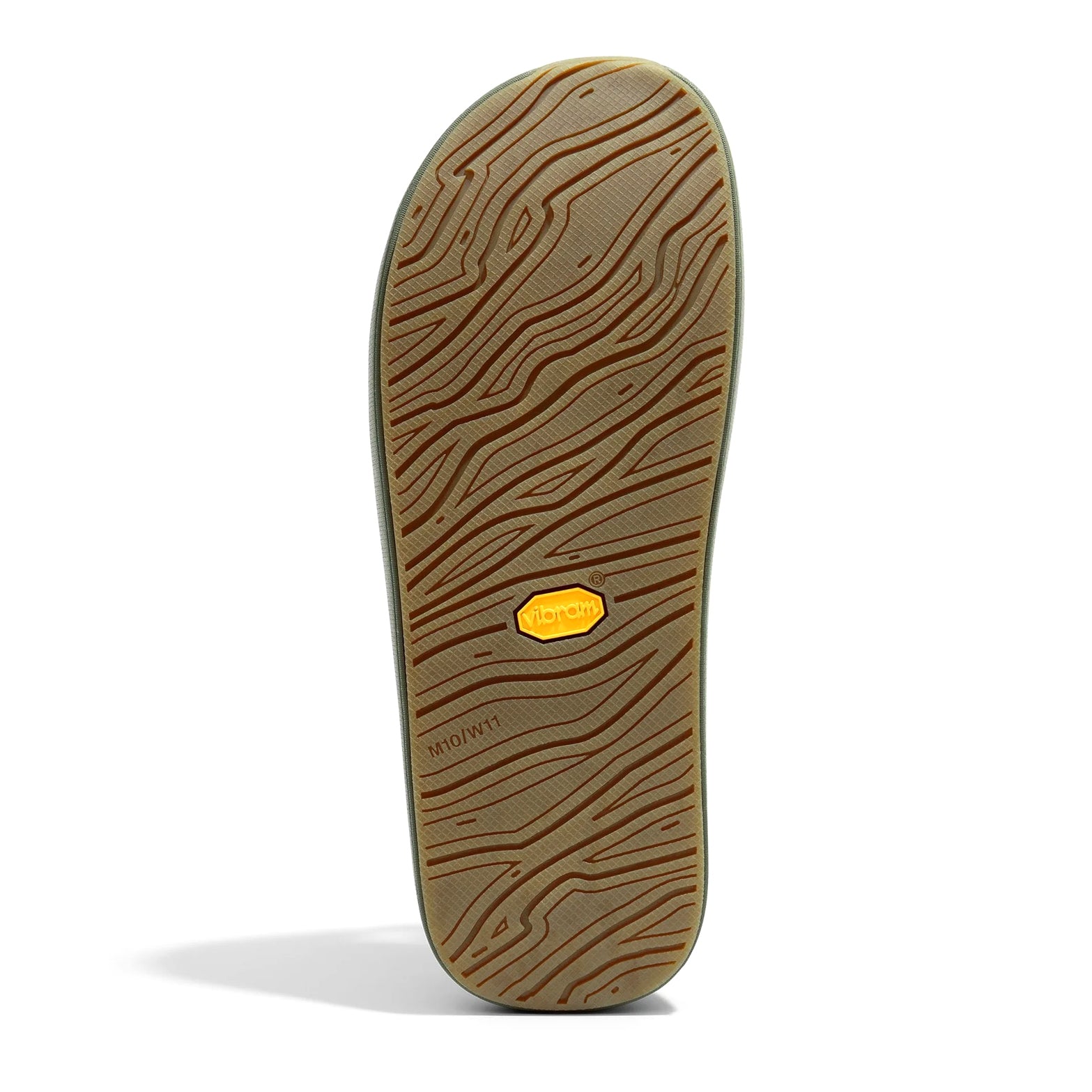 norda 008 Slide Sage sole view displaying custom Vibram ECOSTEP soleplate made with recycled materials and traction pattern