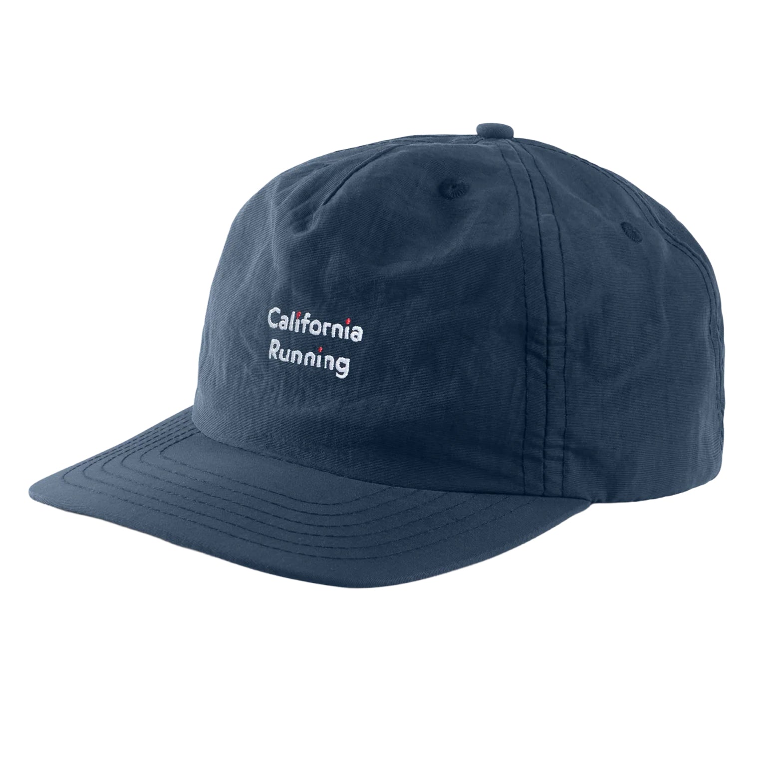 District Vision 5 Panel Nylon Hat in California Running Navy — front product shot showing unstructured five-panel silhouette, detailed embroidery and california running navy DWR-treated nylon taslan construction