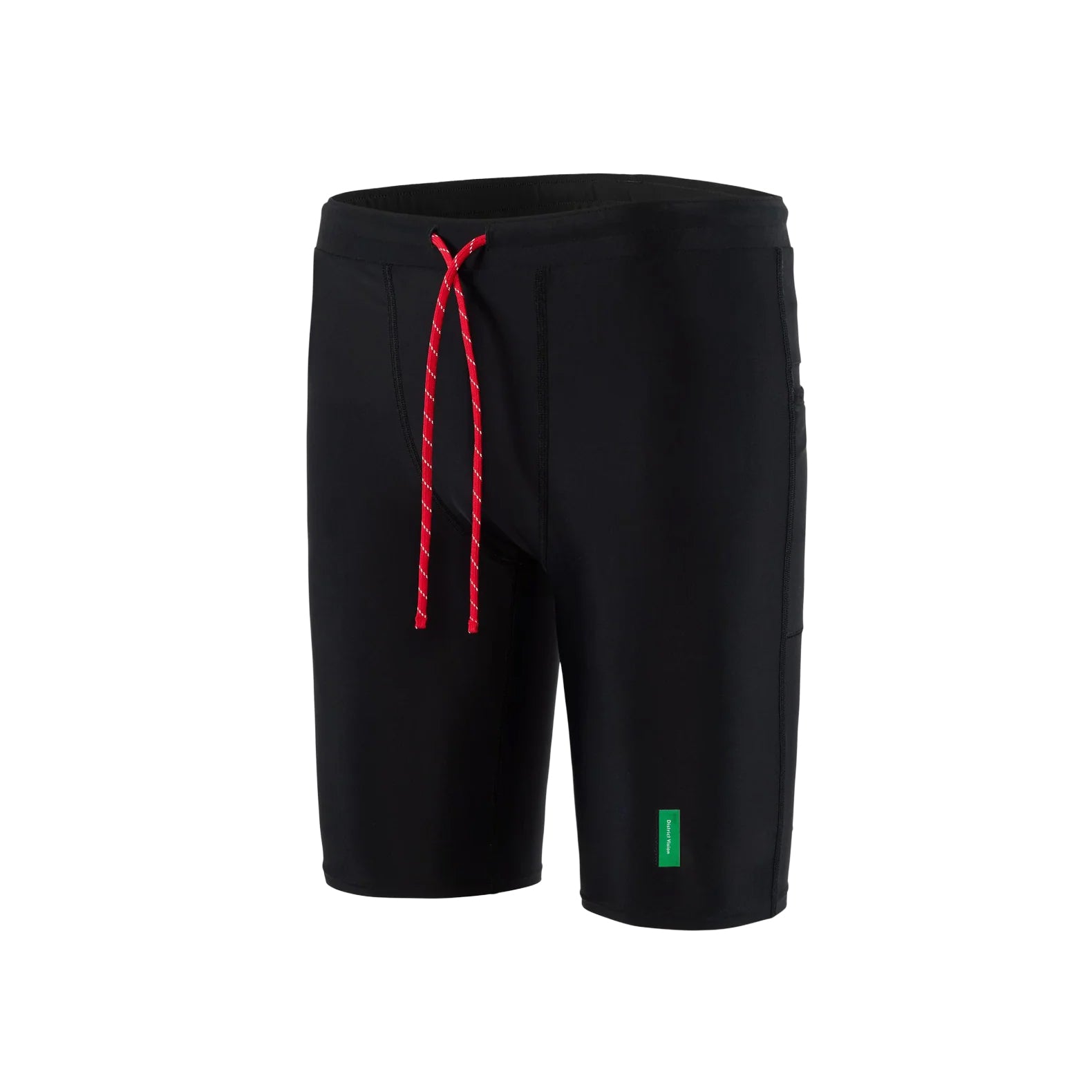 District Vision 9 Inch Recycled Half Tights Black front product view showing Italian-milled recycled four-way stretch fabric with side phone pocket and 9-inch inseam