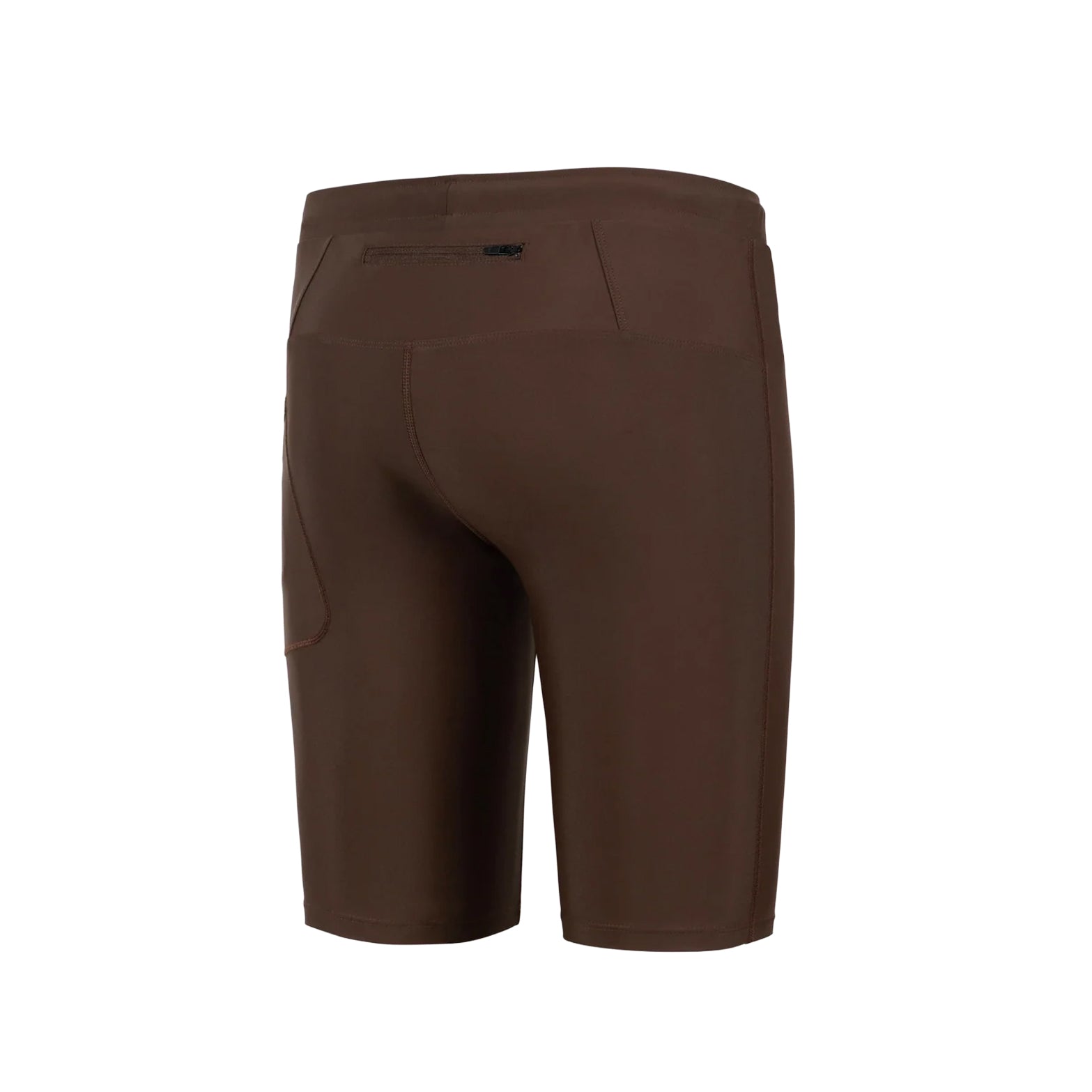 District Vision 9 Inch Recycled Half Tights Umber back view showing secure rear zip pocket and Japanese woven drawcords with 190gsm recycled fabric construction