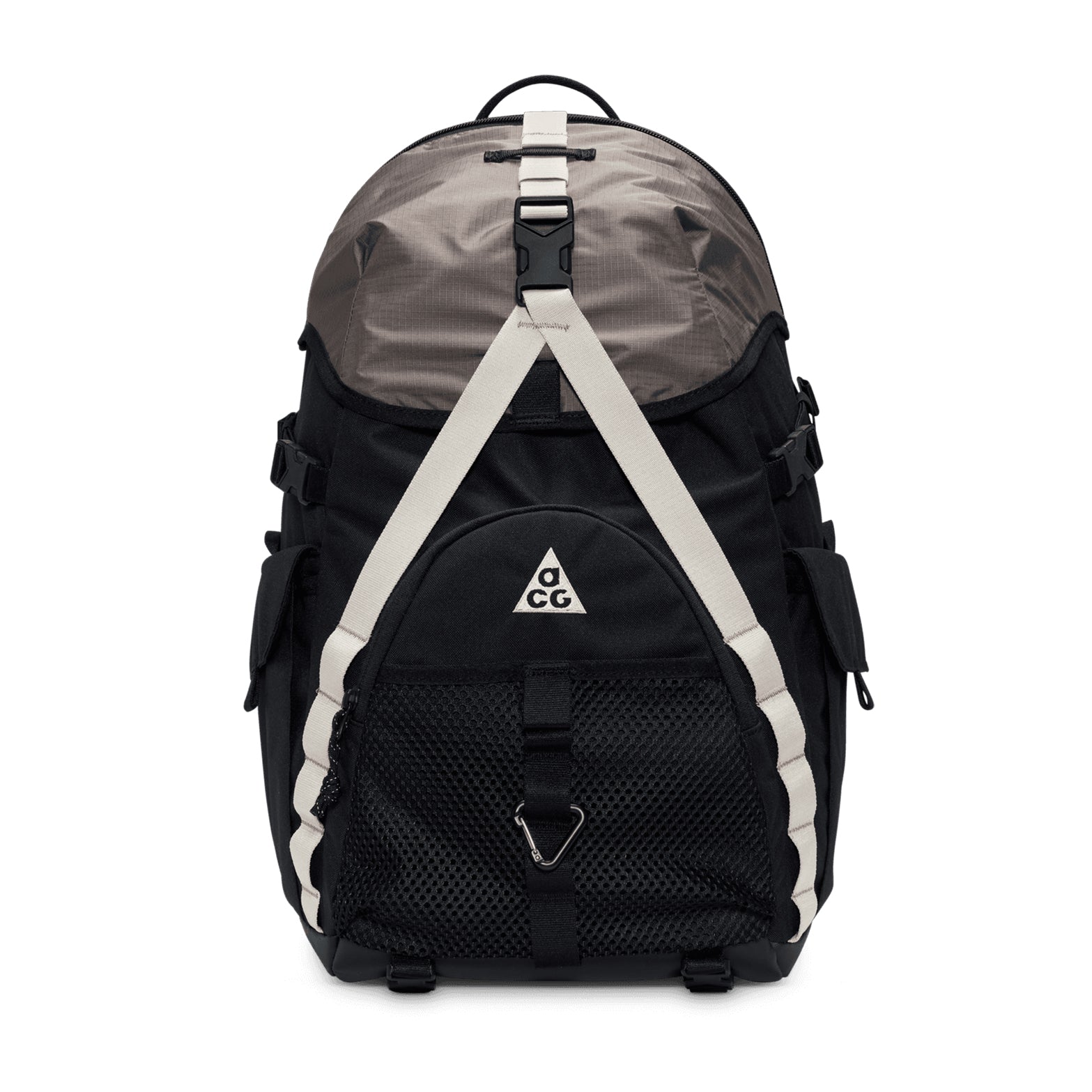 Introducing the Nike ACG Daymax 25L Backpack in Black and College Grey. This versatile backpack features white straps, a mesh front pocket, and the iconic ACG logo on the front. With convenient side pockets and a durable top handle, it’s designed for both everyday use and outdoor adventures.
