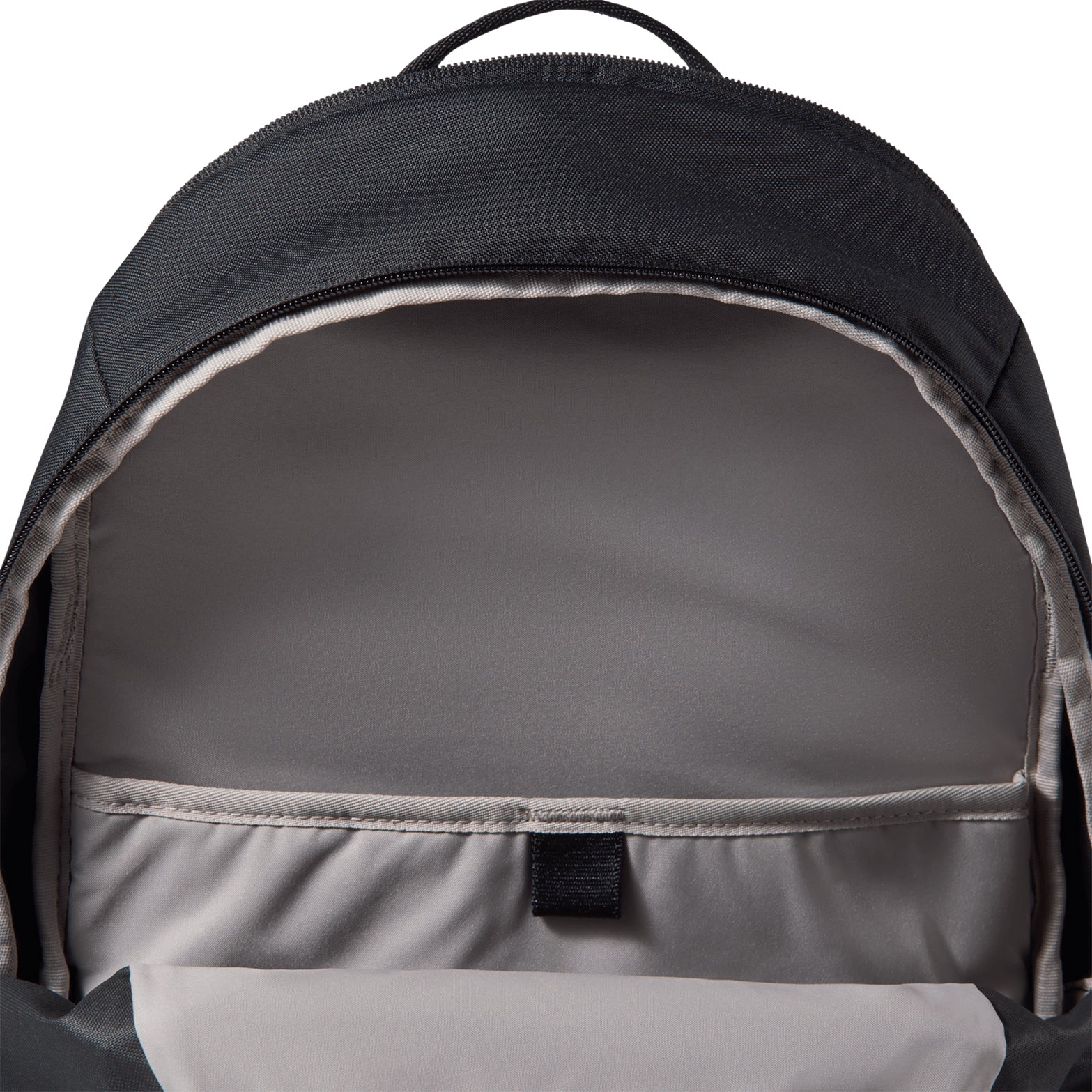Open black Nike ACG Daymax 25L Backpack (Black / College Grey / College Grey) by Nike, showing a light grey interior with an empty compartment and a small black fabric loop near the top.