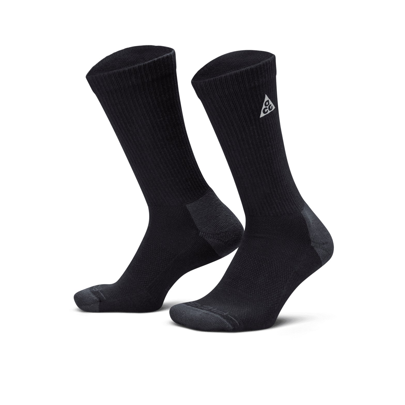 Nike ACG Everyday Elevated Crew Socks Black Dark Smoke Grey showing crew length fit, arch support band and cushioned comfort