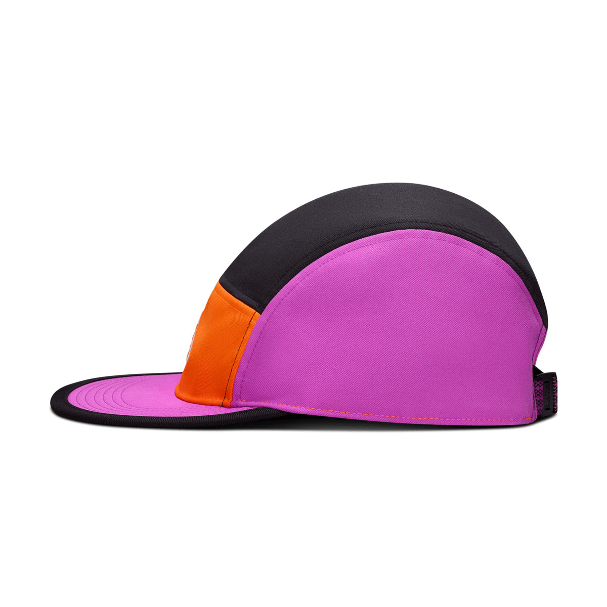 Nike ACG Fly Unstructured Cap Safety Orange Vivid Purple Black side product view showing water-repellent polyester fabric, Dri-FIT sweatband and flat bill construction
