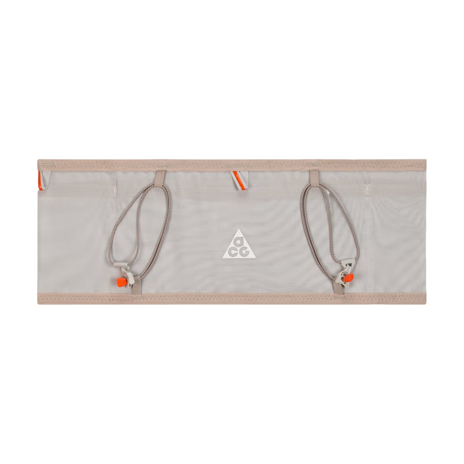 Nike ACG Goat Belt in Grey Fog / Safety Orange / Summit White — front product shot showing grey fog recycled polyester construction with safety orange and summit white detailing and removable bungee system