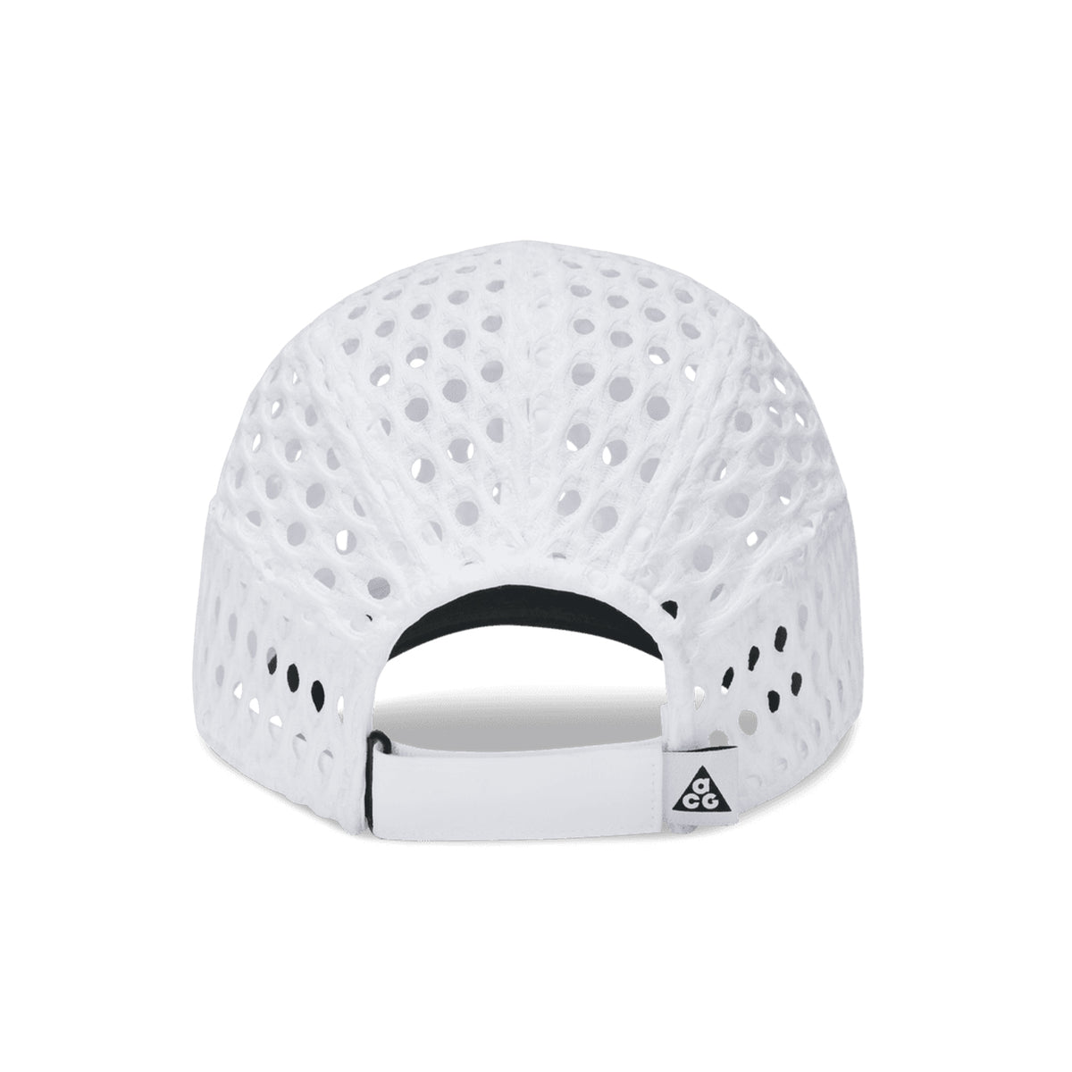 Back view of a white Nike ACG Radical AirFlow Fly Cap featuring perforated detailing and an adjustable back strap with a small logo.