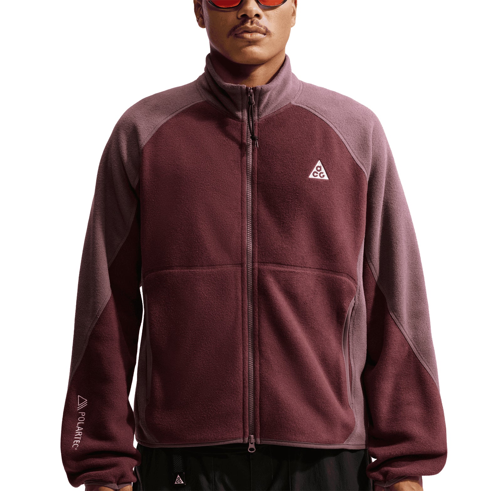 Nike ACG Wolf Tree Full Zip Jacket Mystic Dates Tattoo Summit White front product view showing Polartec fleece construction with 2-way zipper and embroidered ACG branding