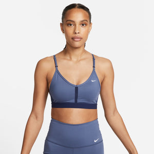 Nike Women's Dri-FIT Indy V-Neck Bra Diffused Blue / Midnight Navy / White - achilles heel
