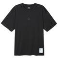 Satisfy AuraLite Tee Black front product view showing lightweight AuraLite recycled micro jersey from Japan with reflective SATISFY logo and fast-dry construction