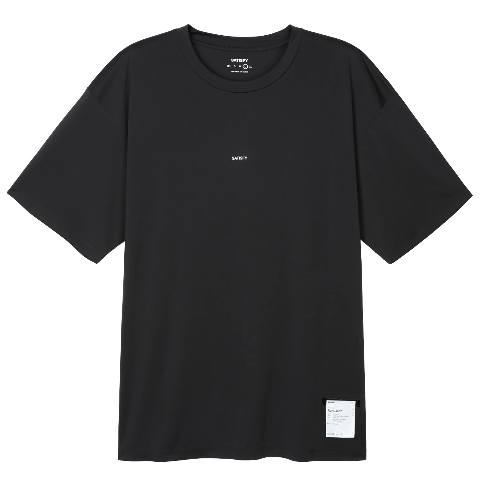 Satisfy AuraLite Tee Black front product view showing lightweight AuraLite recycled micro jersey from Japan with reflective SATISFY logo and fast-dry construction