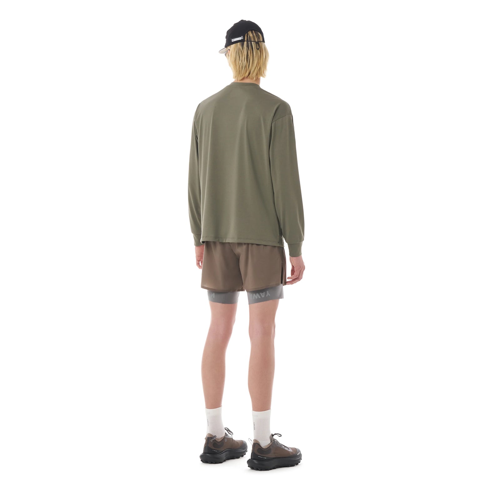 Satisfy AuraLite™ Long Tee in Dusty Olive — back view worn on model showing loose regular fit silhouette, dusty olive AuraLite™ recycled micro jersey and low-key reflective print detail