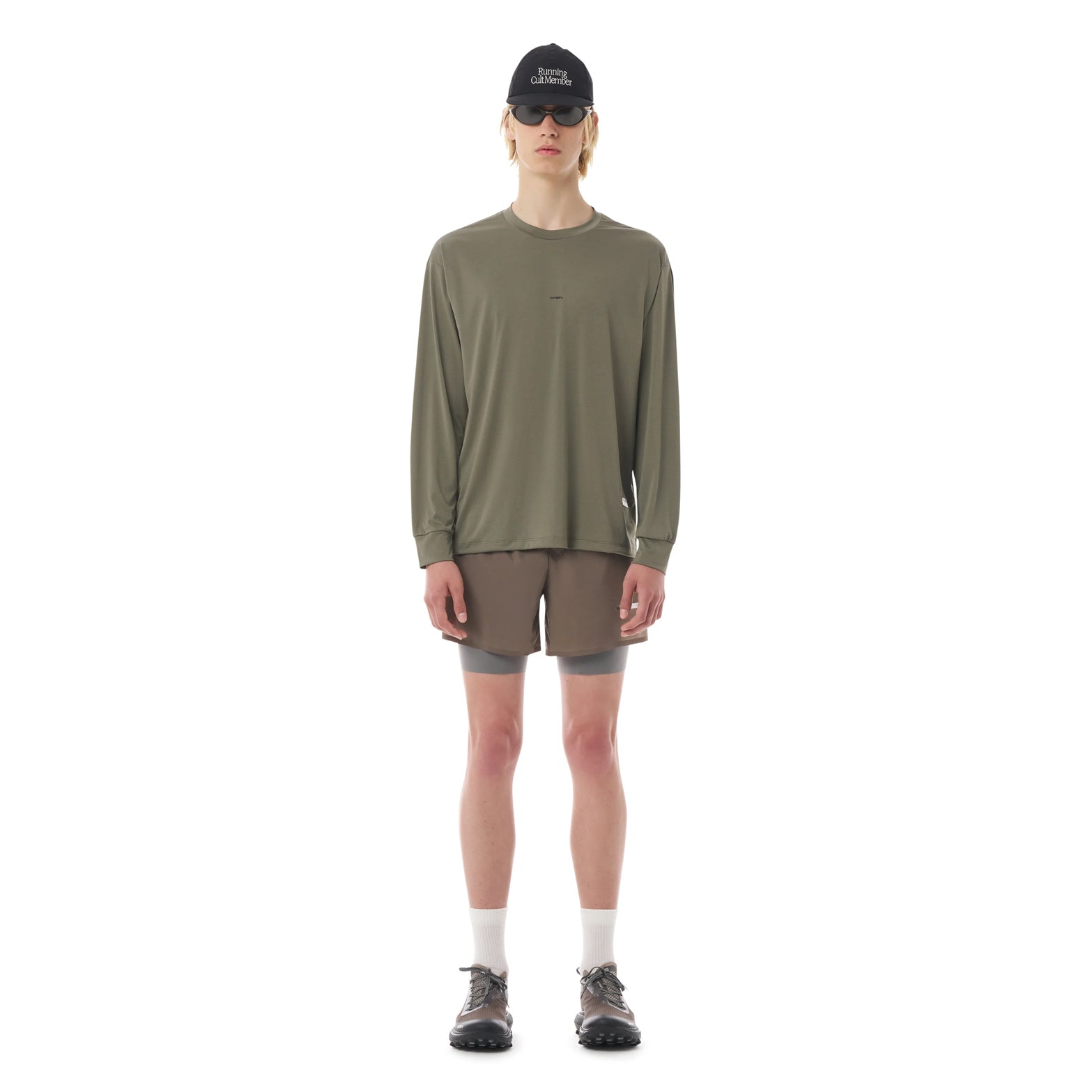 Satisfy AuraLite™ Long Tee in Dusty Olive — front view worn on model showing loose regular fit, dusty olive AuraLite™ micro jersey drape and reflective Satisfy logo