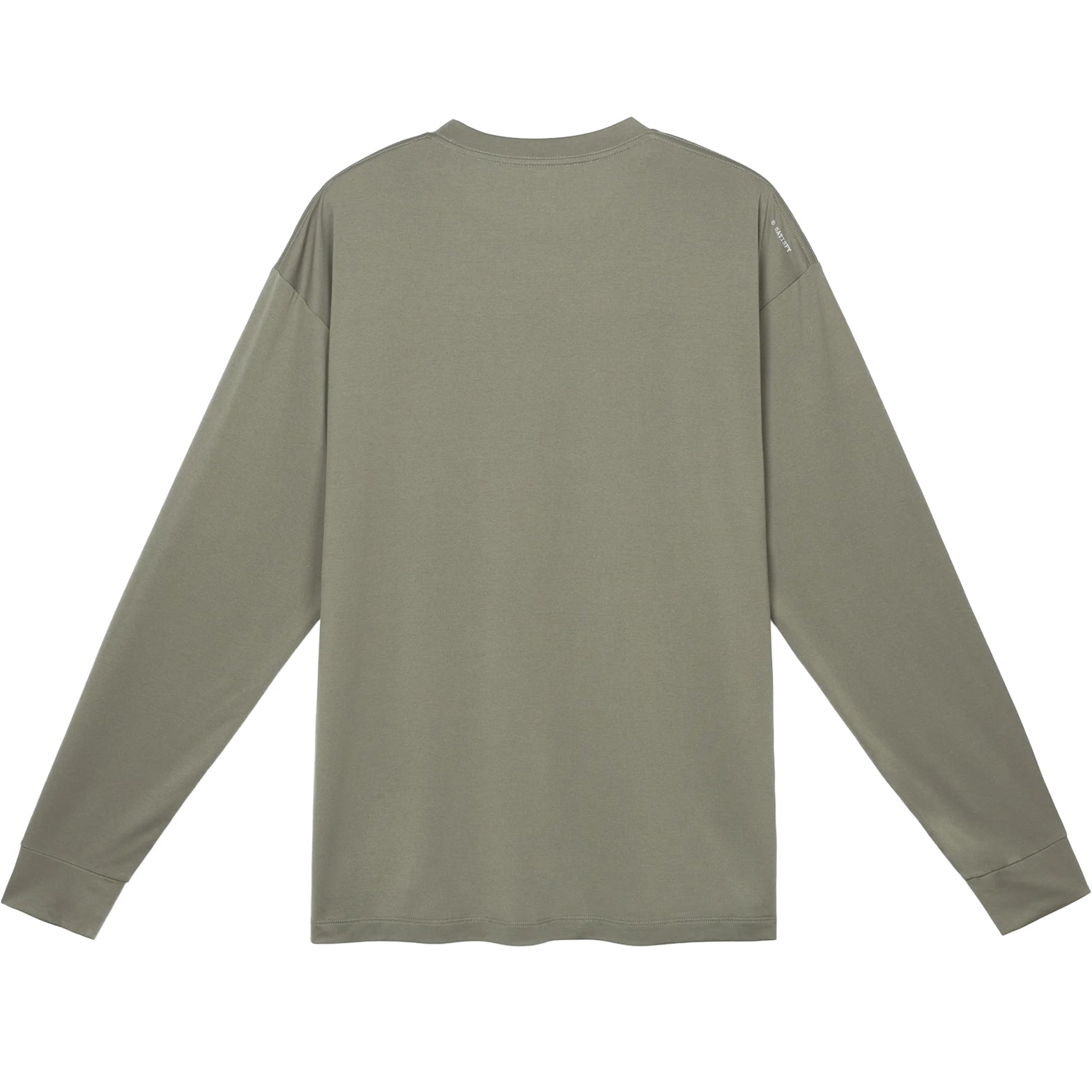Satisfy AuraLite™ Long Tee in Dusty Olive — back product shot showing loose regular fit silhouette, dusty olive AuraLite™ recycled micro jersey construction and low-key reflective print detail