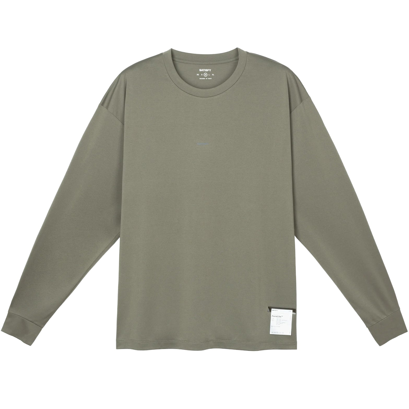 Satisfy AuraLite™ Long Tee in Dusty Olive — front product shot showing loose regular fit silhouette, dusty olive AuraLite™ recycled micro jersey construction and reflective Satisfy logo
