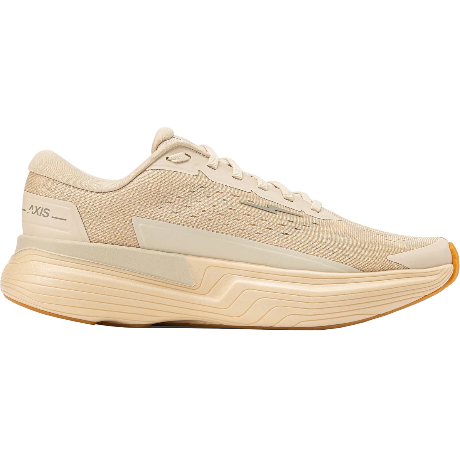 Hylo AXIS Running Shoes Beige outer side view showing 38mm stack with 50% bio-based Hyperbolt foam and 60% bio-based Jacquard warp knit upper
