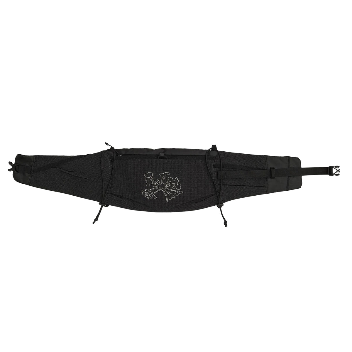 The Borders Cargo Belt Black Beauty by Portal is a compact black hip pack featuring a central zippered pocket, adjustable straps, and a minimalist floral line drawing design on the front. Crafted from abrasion-resistant material, this bag offers secure and functional storage for your small essentials.