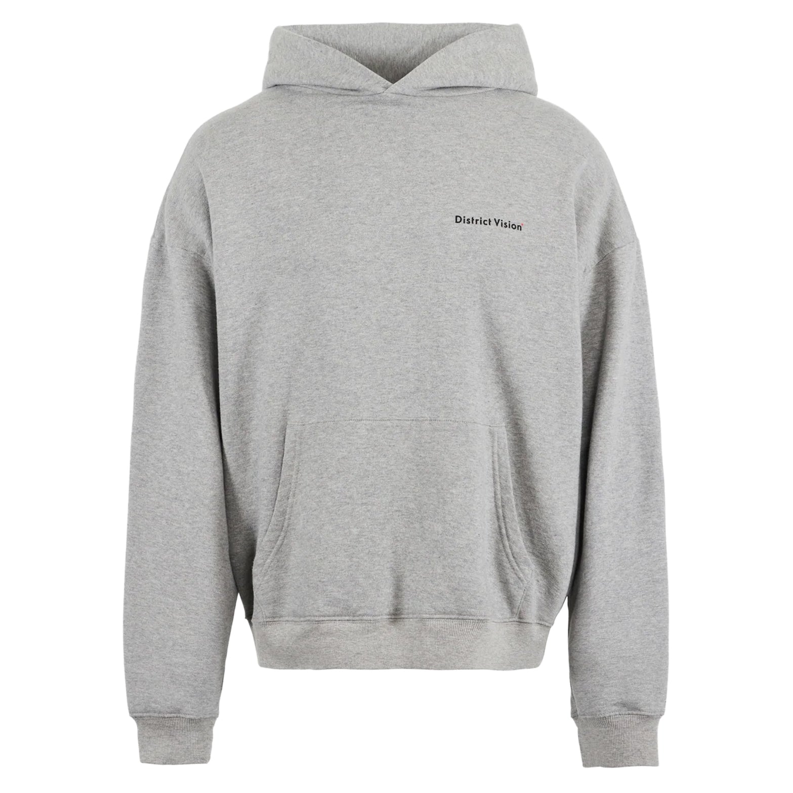 District Vision California Cotton Hoodie in Runners Heather Grey — front product shot showing slightly cropped boxy silhouette, front pocket, Runners graphic and heather grey pigment dye stone wash loop terry construction