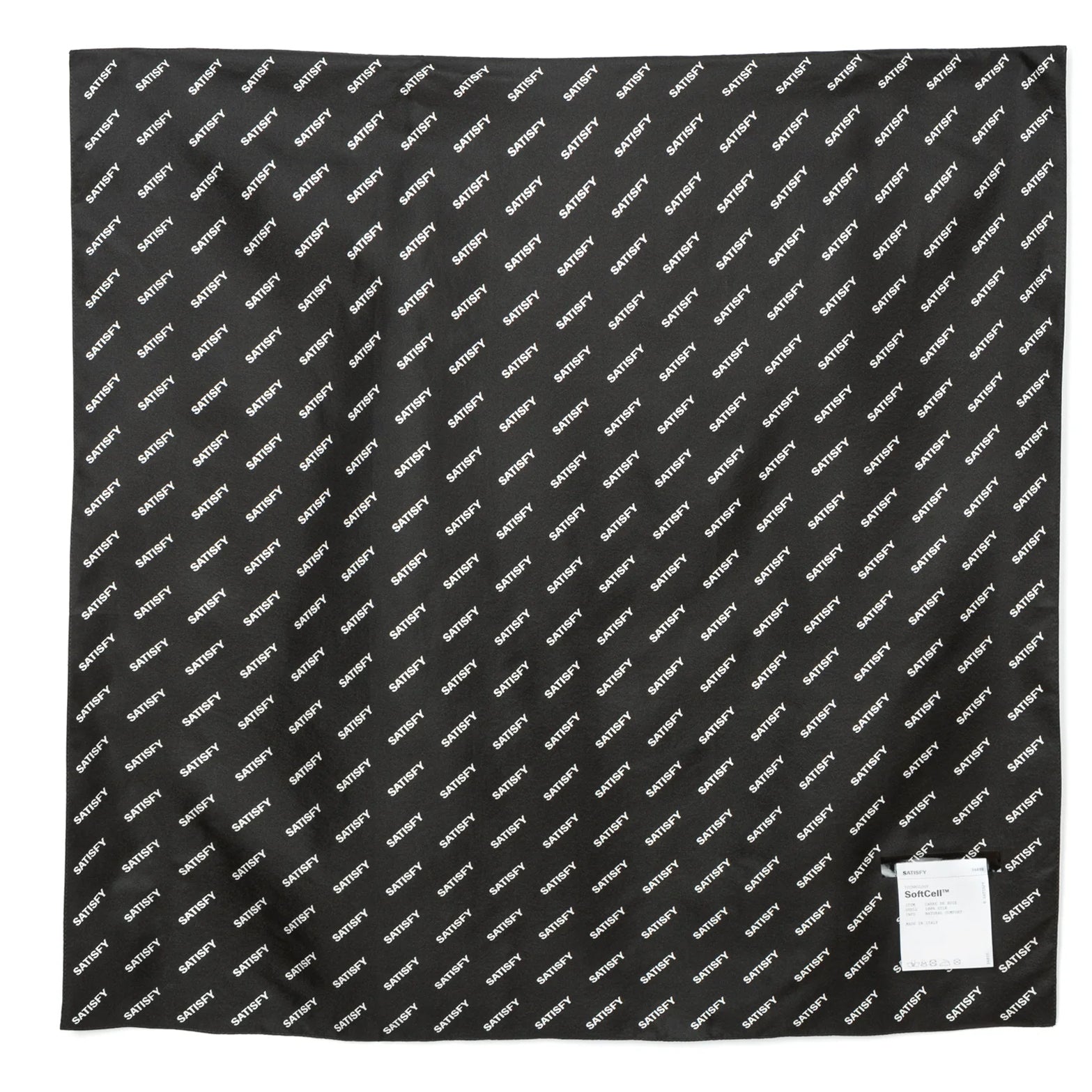 Satisfy Carré de Soie SoftCell™ Bandana in Jet Black — flat unfolded product shot showing full 60cm x 60cm dimensions, all-over Satisfy logo print and jet black SoftCell™ silk construction