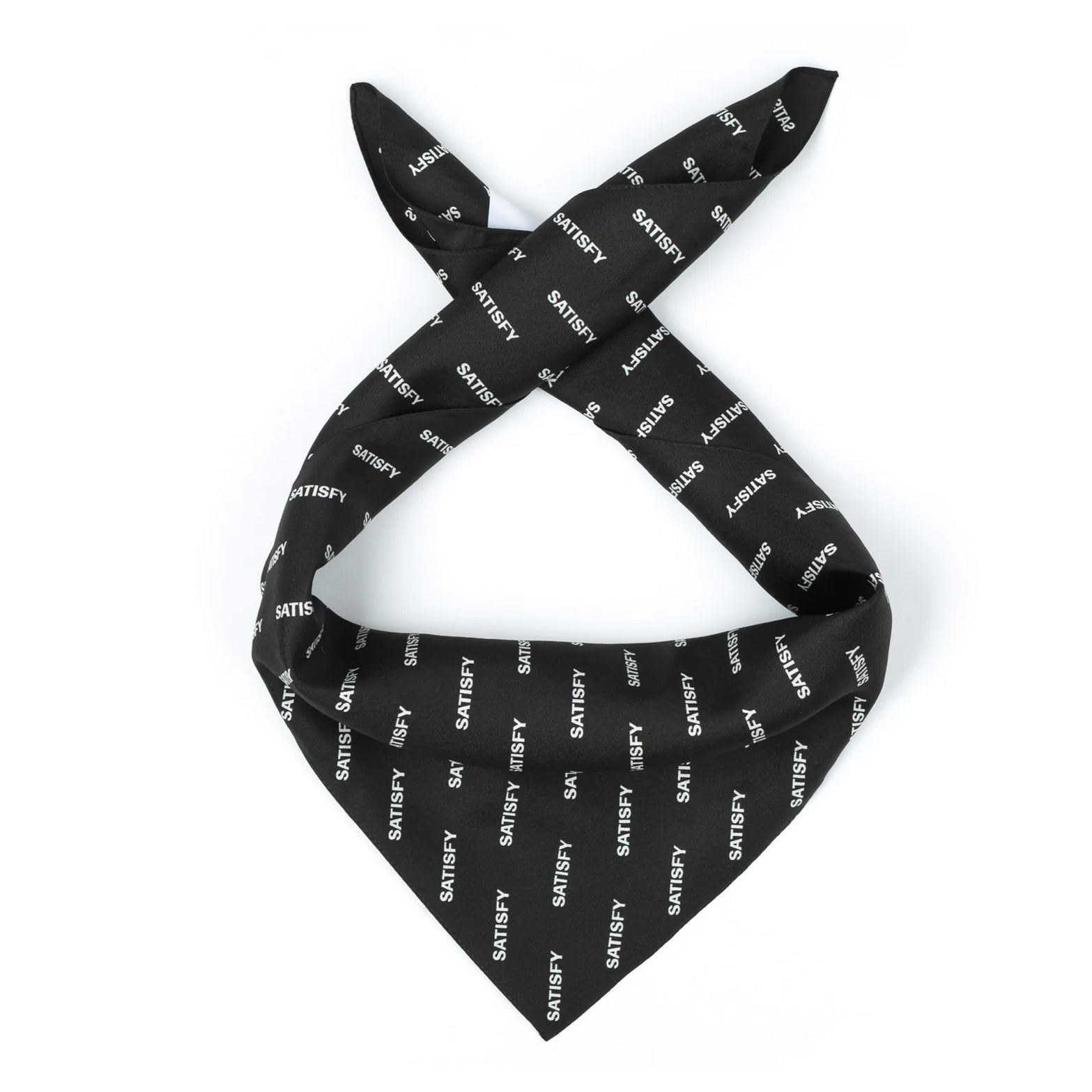 Satisfy Carré de Soie SoftCell™ Bandana in Jet Black — worn bound as a neck scarf showing SoftCell™ silk drape, fluid movement and all-over Satisfy logo print