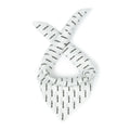 Satisfy Carré de Soie SoftCell™ Bandana in White Down — worn bound as a neck scarf showing SoftCell™ silk drape, fluid movement and all-over Satisfy logo print
