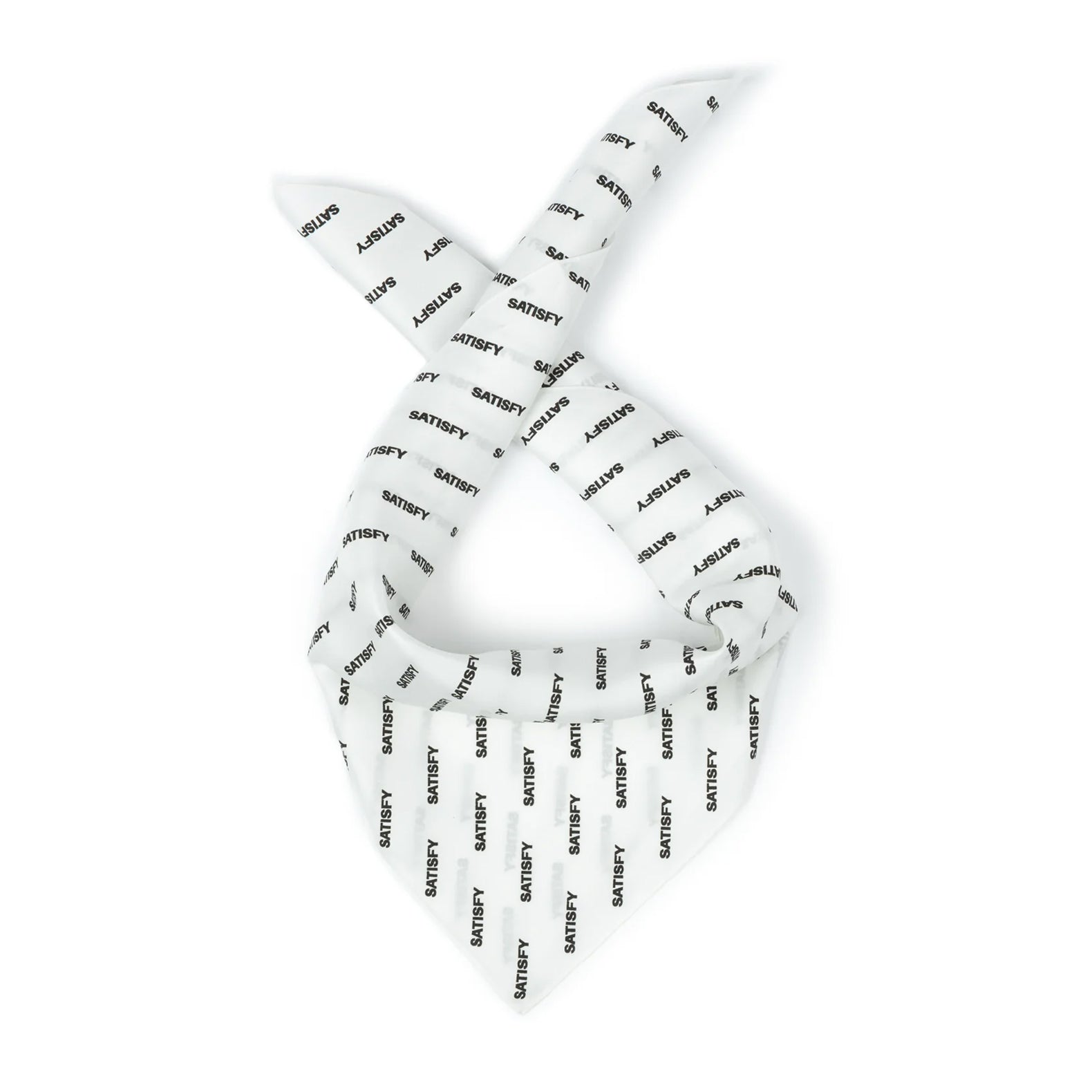 Satisfy Carré de Soie SoftCell™ Bandana in White Down — worn bound as a neck scarf showing SoftCell™ silk drape, fluid movement and all-over Satisfy logo print