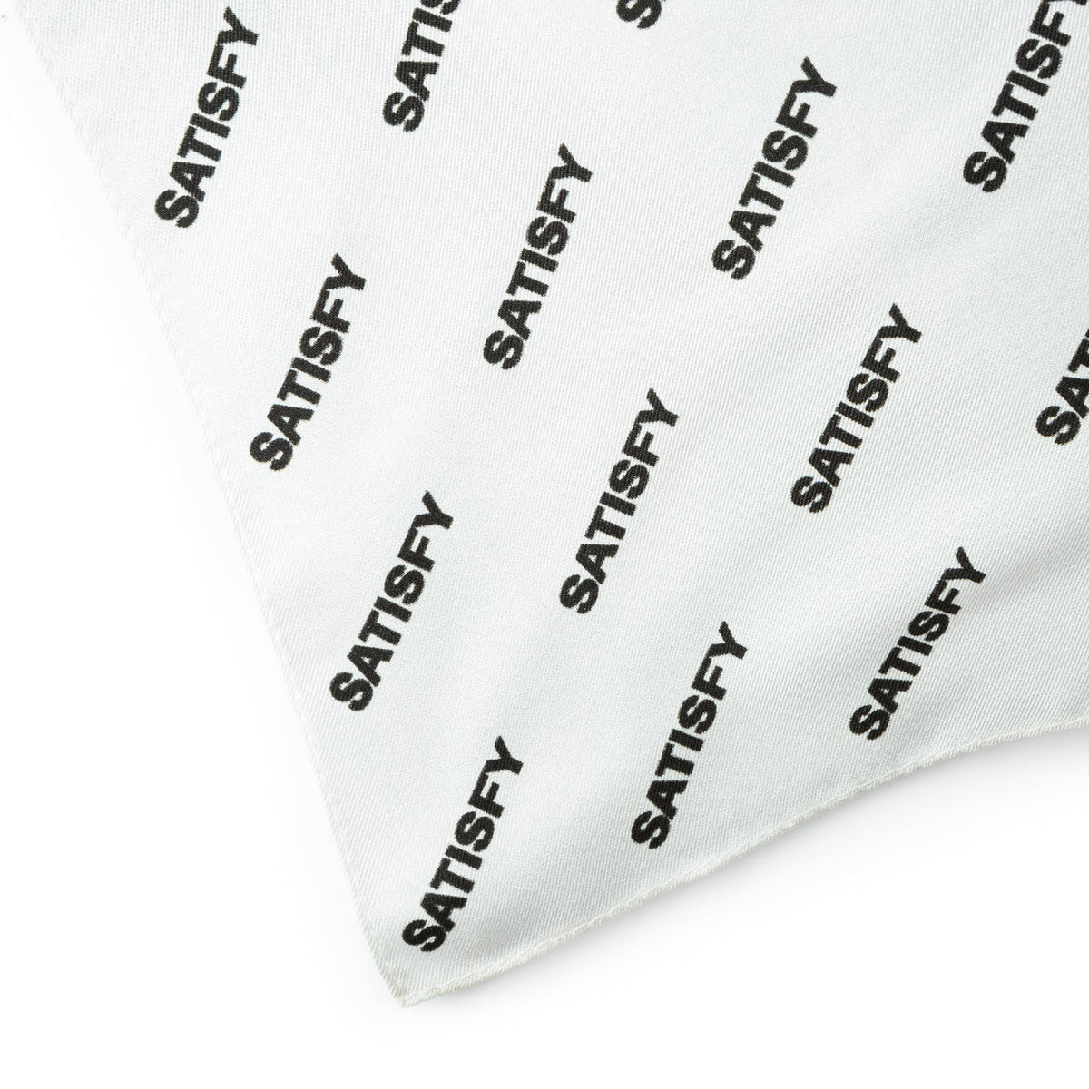 Satisfy Carré de Soie SoftCell™ Bandana in White Down — closeup showing all-over Satisfy logo print detail on white down SoftCell™ Italian silk fabric texture

