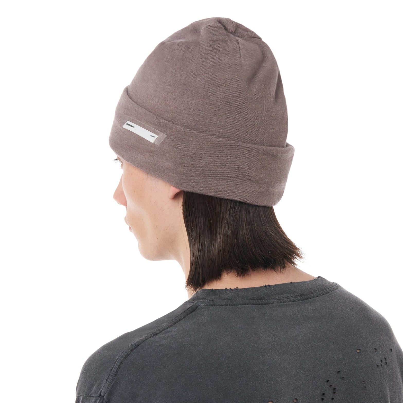 Satisfy CloudMerino™ Beanie in Shark — back view worn on model showing beanie silhouette and shark grey CloudMerino™ Optimo wool jersey construction detail