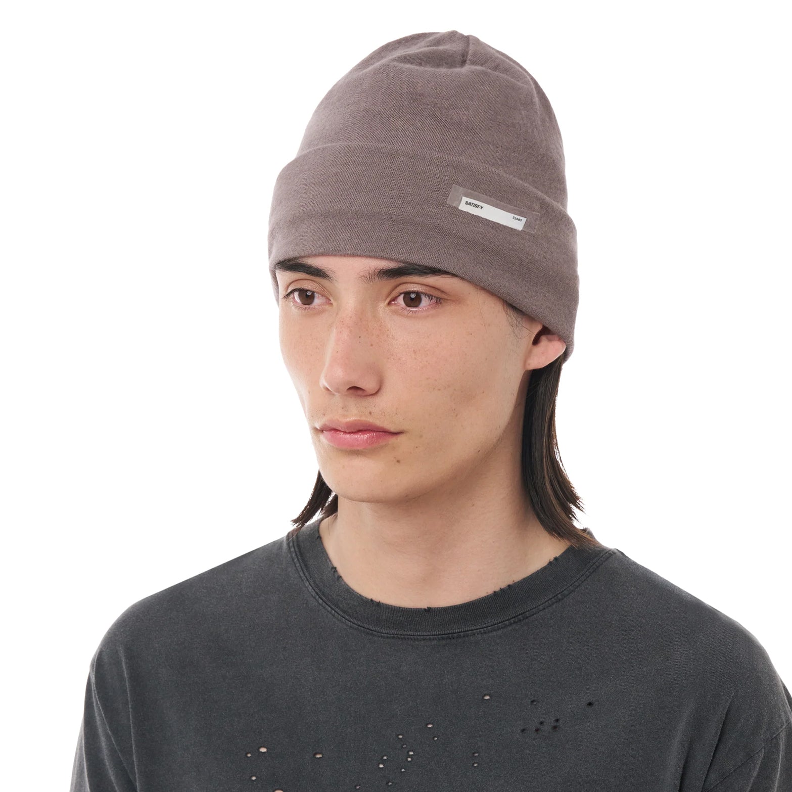 Satisfy CloudMerino™ Beanie in Shark — front view worn on model showing minimal weight fit and shark grey CloudMerino™ Optimo wool jersey construction