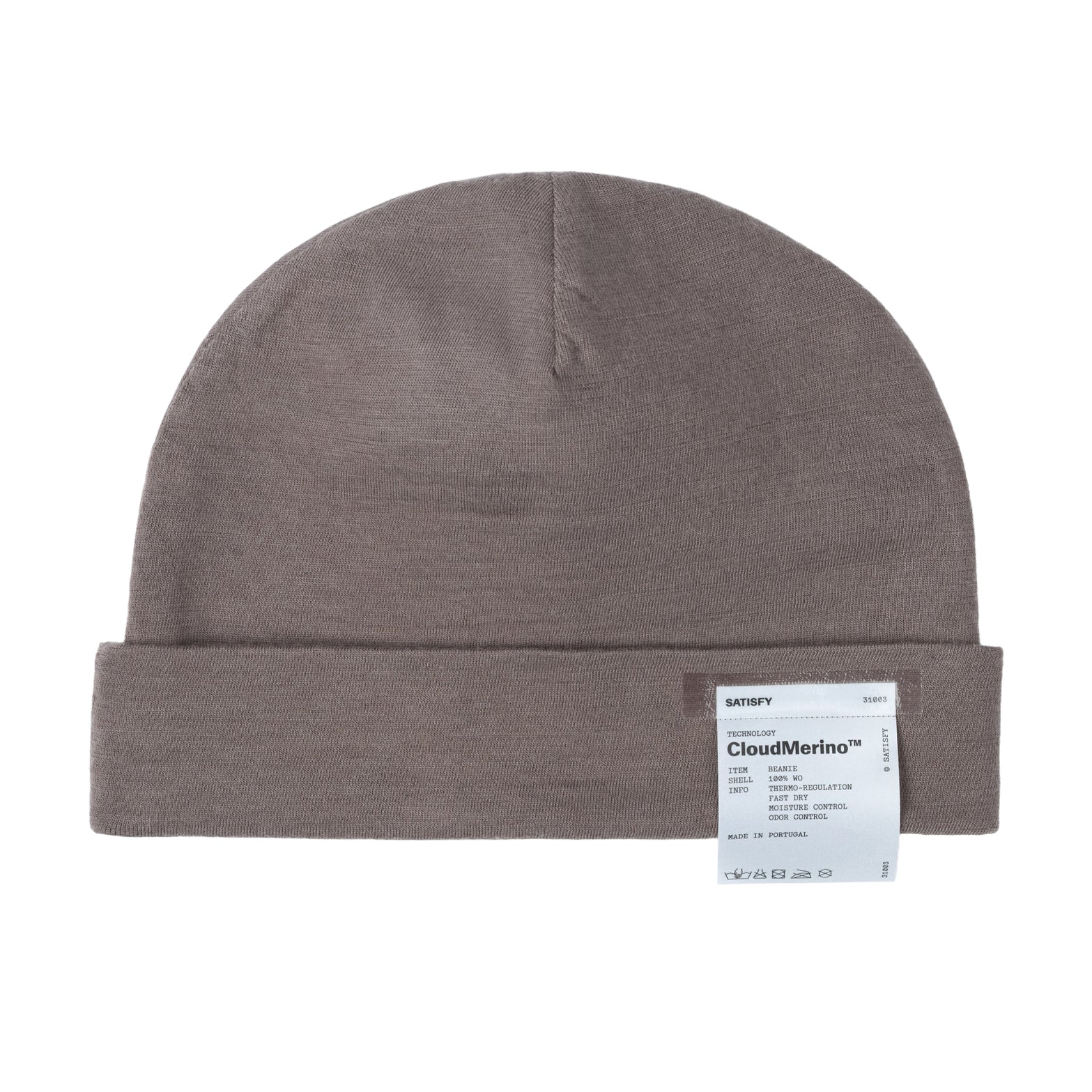 Satisfy CloudMerino™ Beanie in Shark — front product shot showing minimal weight silhouette and shark grey CloudMerino™ Optimo wool jersey construction