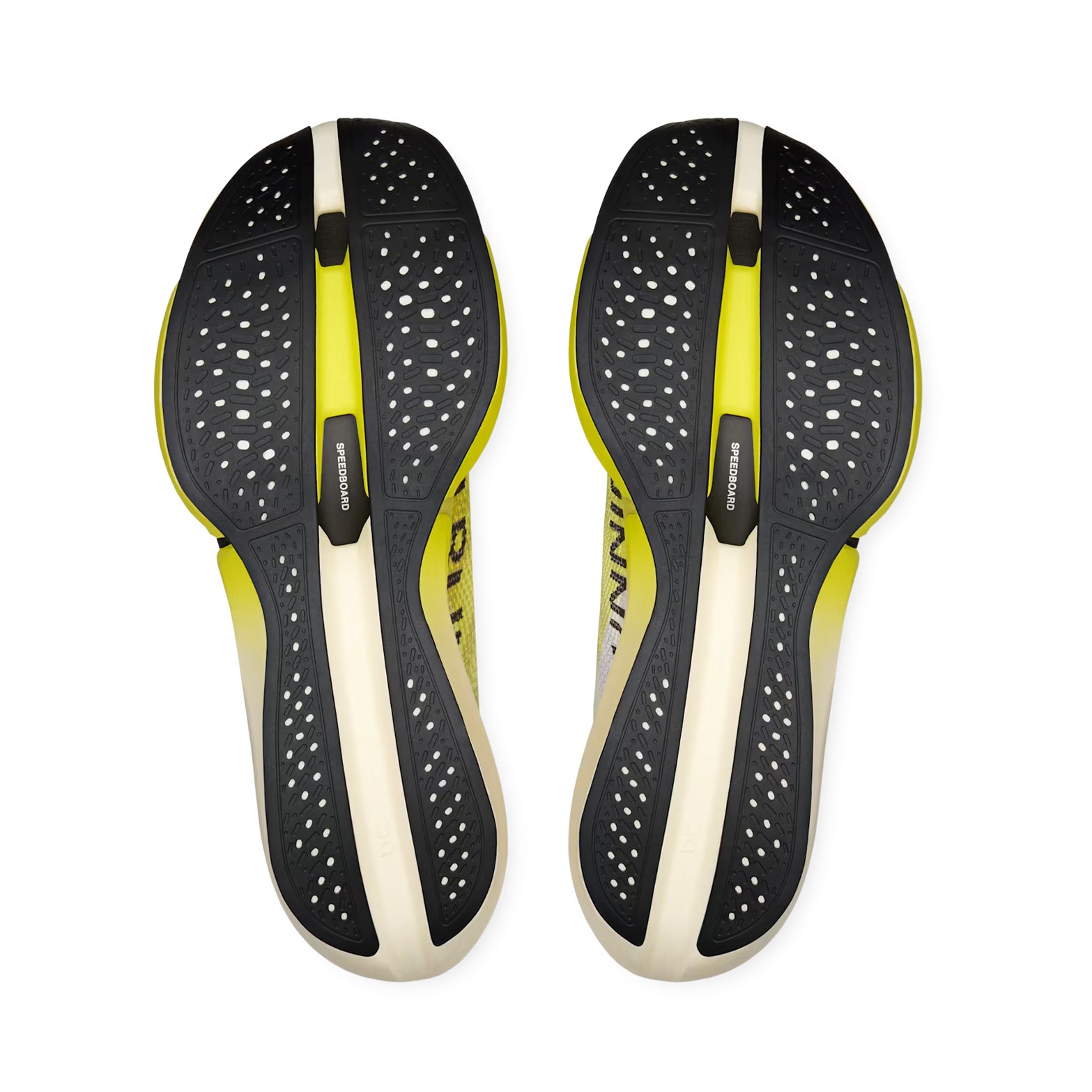 On Cloudboom Strike 2 White Lime sole view displaying high-grip rubber outsole with CloudTec Sphere cushioning system for confident traction during marathon racing
