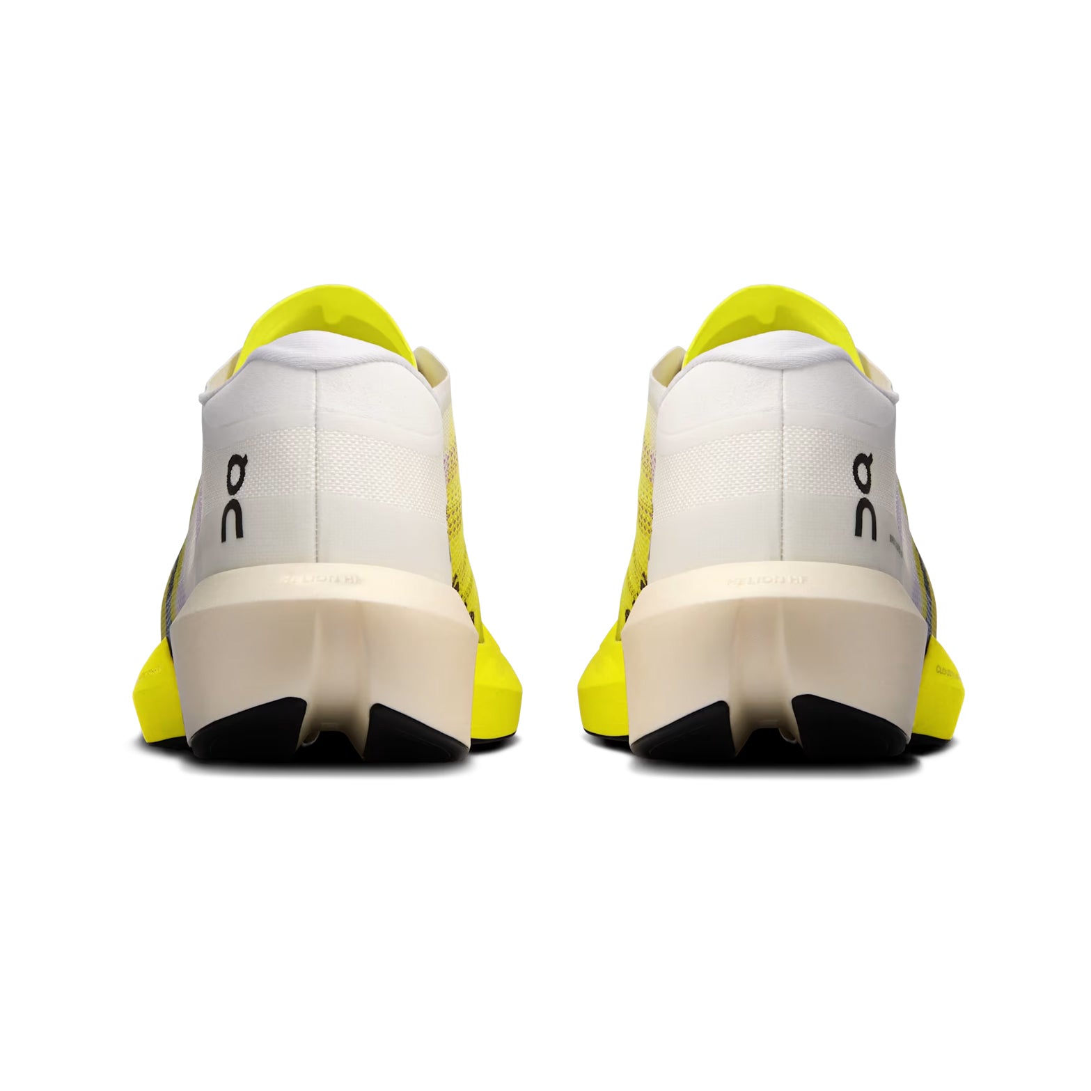On Cloudboom Strike 2 White Lime heel view showing Helion HF hyper foam with carbon Speedboard and CloudTec Sphere system for energy return and propulsion during race day