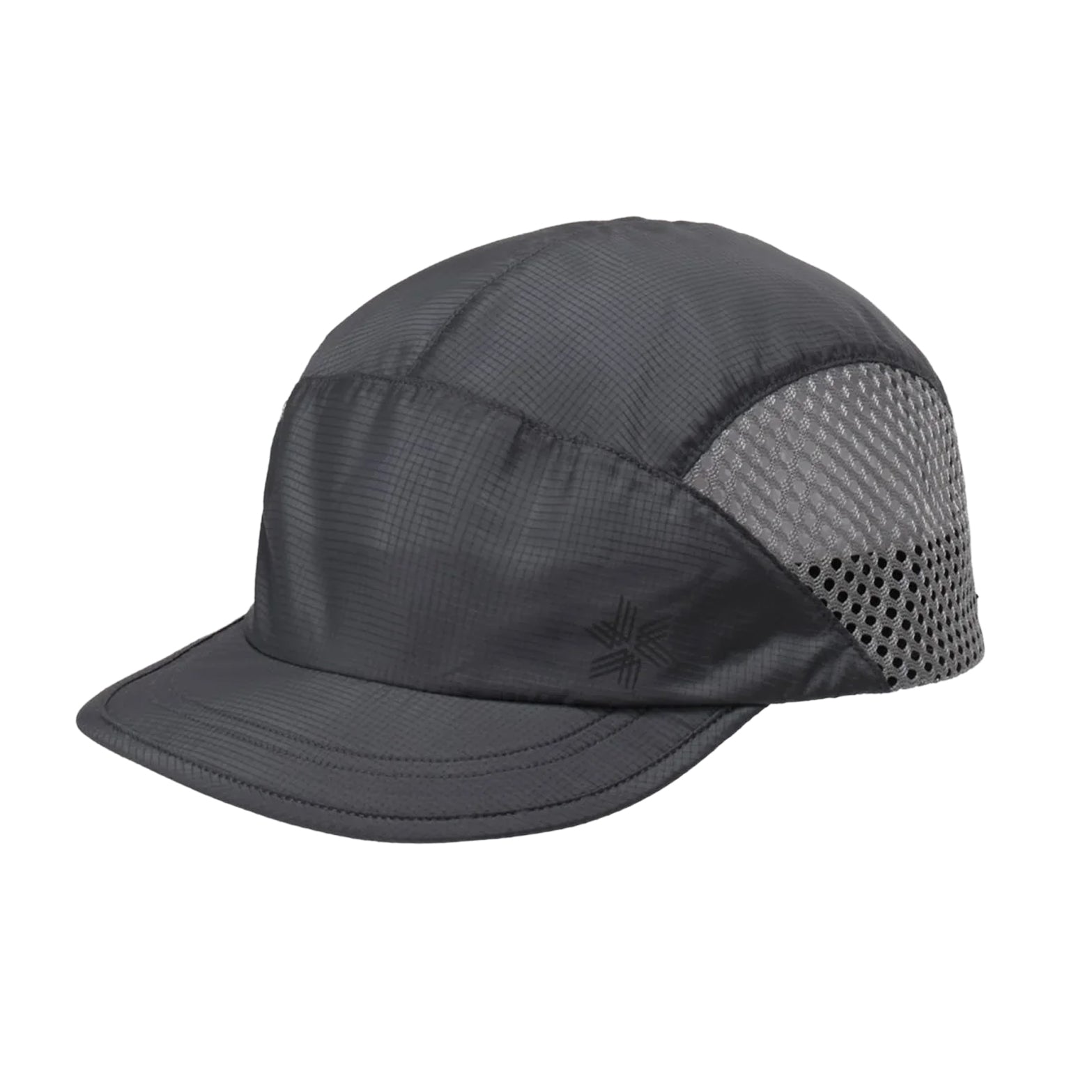 Goldwin Compact Run Mesh Cap Mid Grey side view showing lightweight foldable construction with side mesh inserts and shorter canopy for wider vision