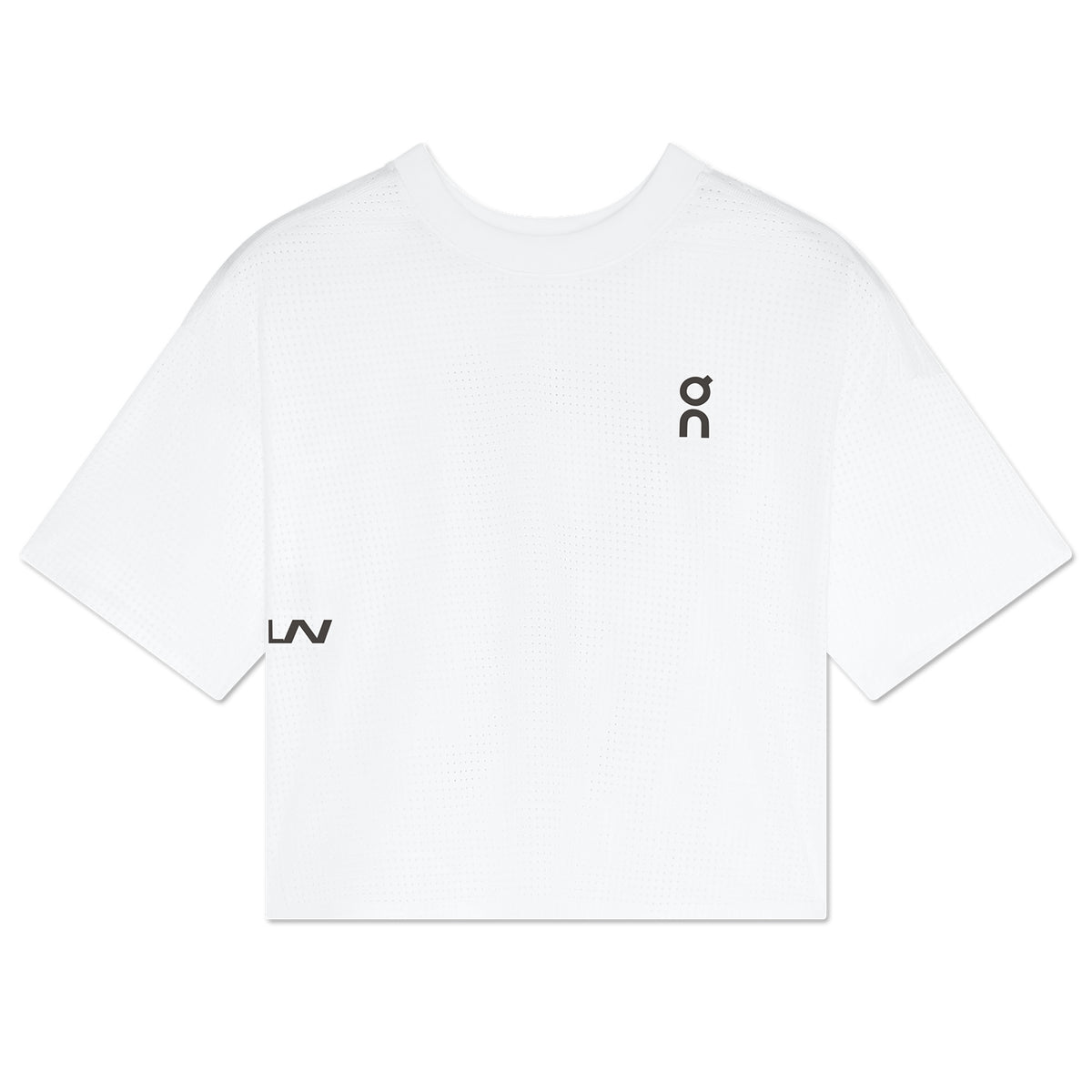 The Cropped Run-T LN1 White by On is a lightweight white crop top featuring a loose fit, round neckline, and subtle back ventilation for enhanced comfort. It showcases small black text and the Lane 1 Collective logo on the left chest and lower right side.